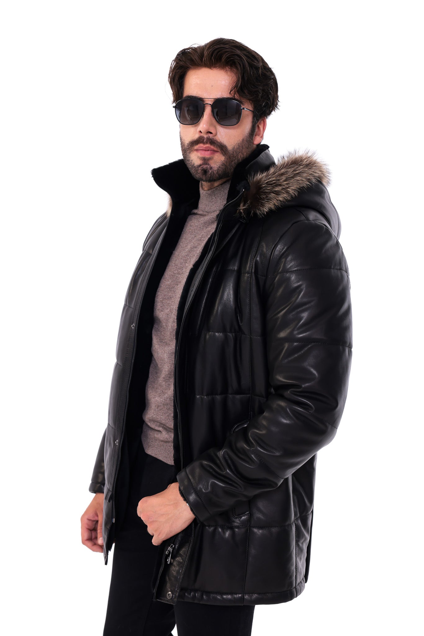 The Montrevia Black Genuine Leather Fur Hooded Men Coat