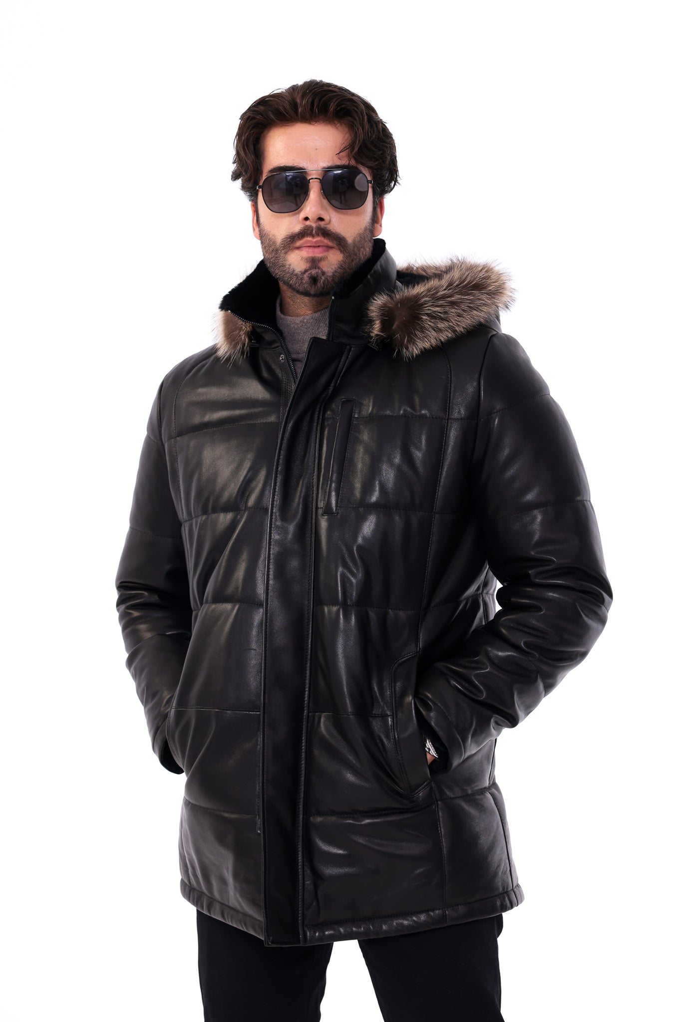 The Montrevia Black Genuine Leather Fur Hooded Men Coat
