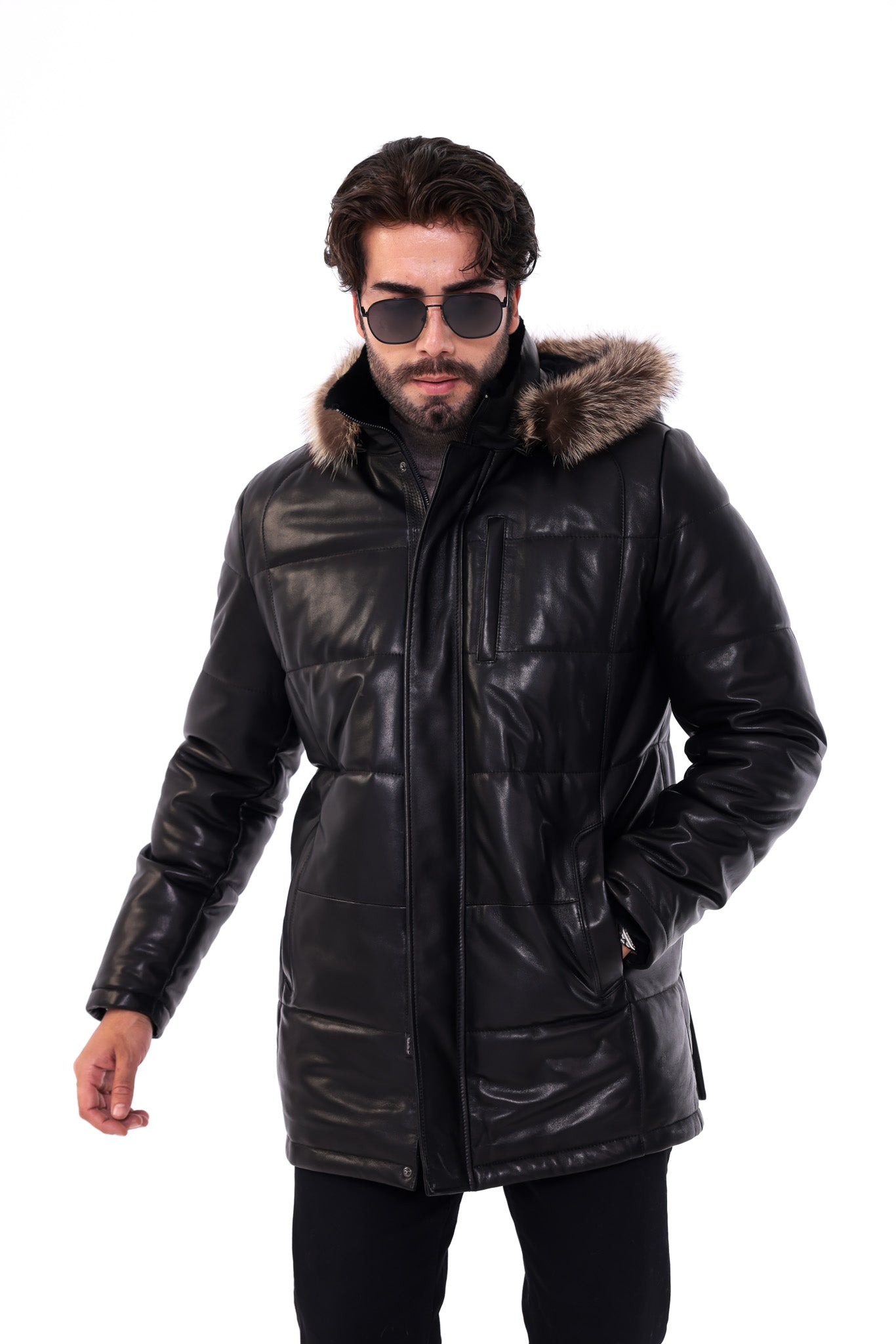 The Montrevia Black Genuine Leather Fur Hooded Men Coat