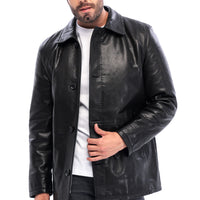 معطف رجالي Avelino أسود من جلد العجل الطبيعي بياقة كلاسيكية