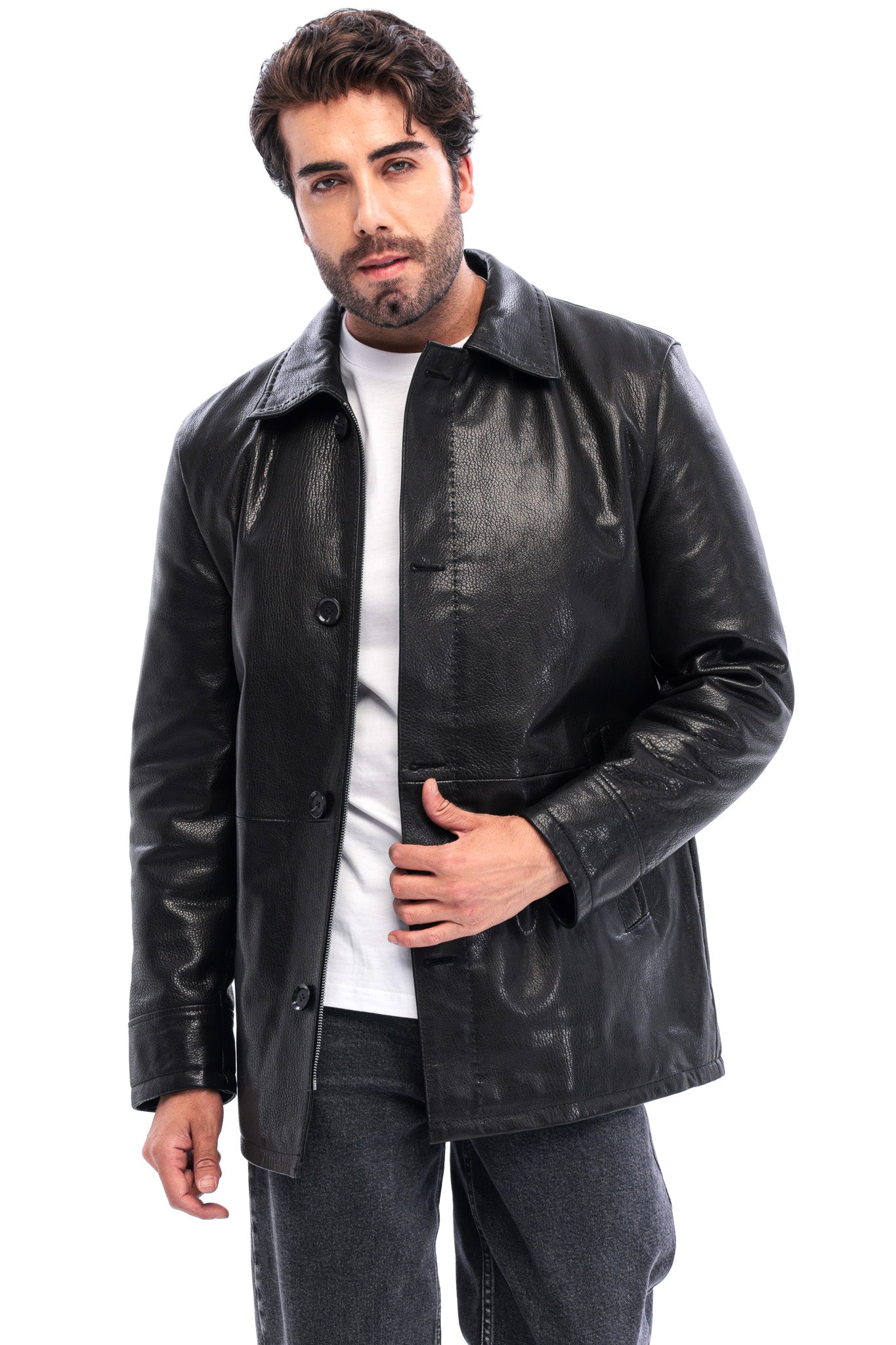 معطف رجالي Avelino أسود من جلد العجل الطبيعي بياقة كلاسيكية