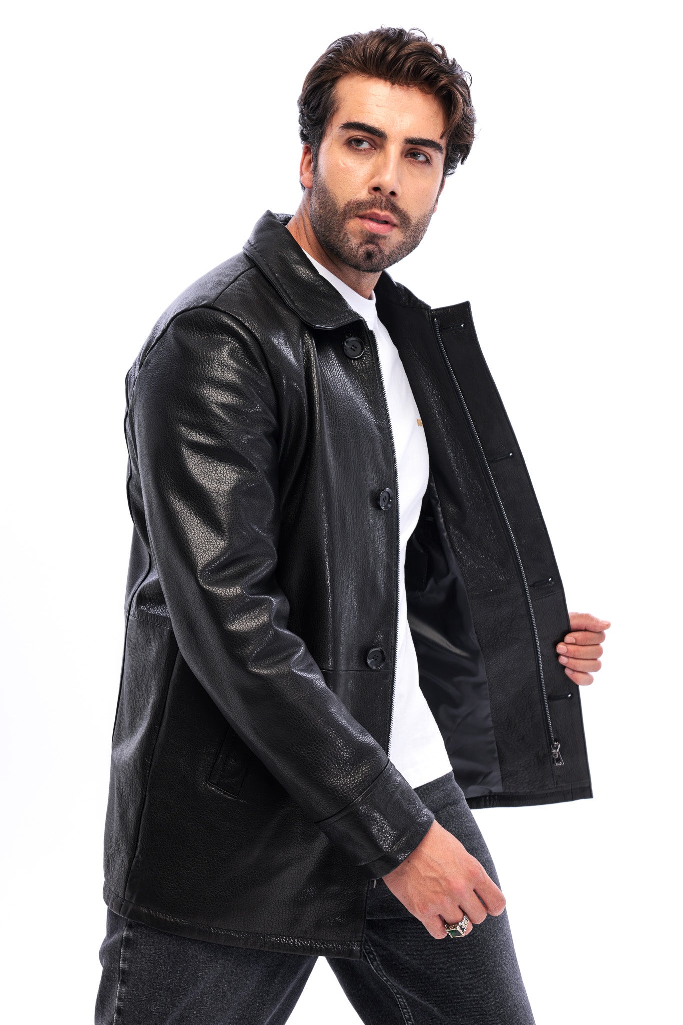 معطف رجالي Avelino أسود من جلد العجل الطبيعي بياقة كلاسيكية