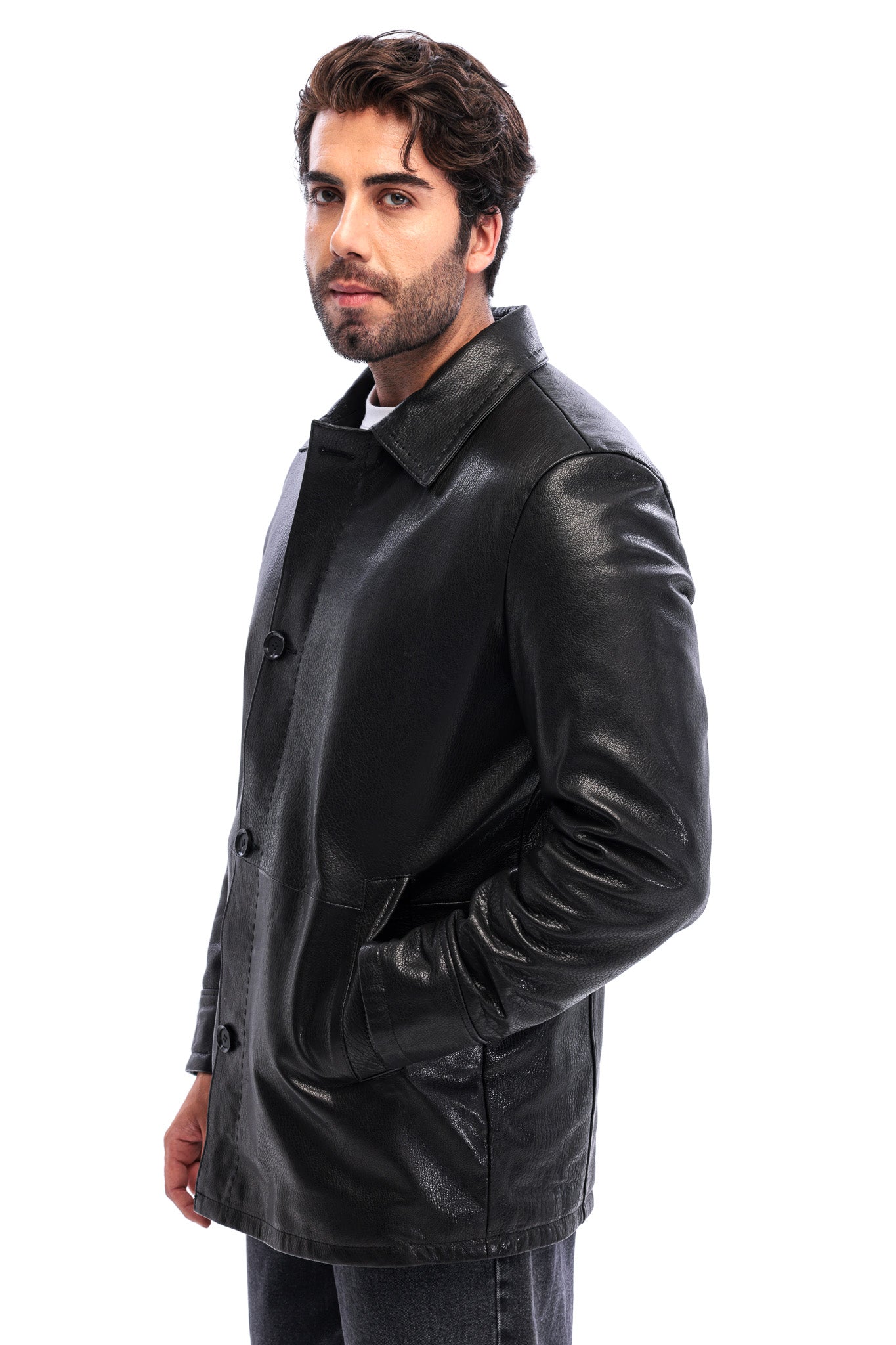 معطف رجالي Avelino أسود من جلد العجل الطبيعي بياقة كلاسيكية