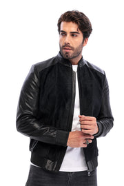 The Corviano Black Genuine Leather & Textured Leather Men Bomber Jacket
