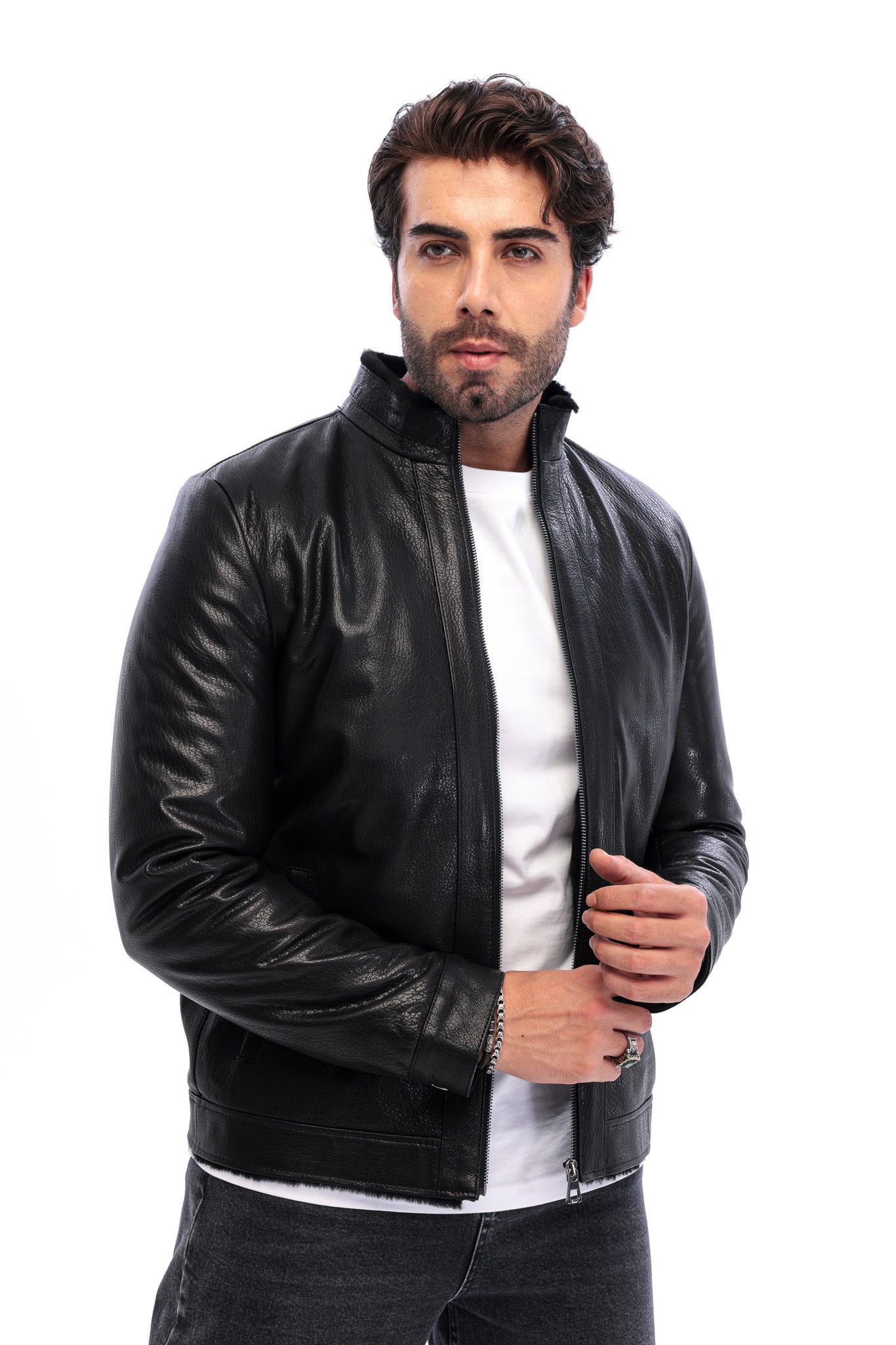 جاكيت رجالي من الجلد الطبيعي الأسود Taviano