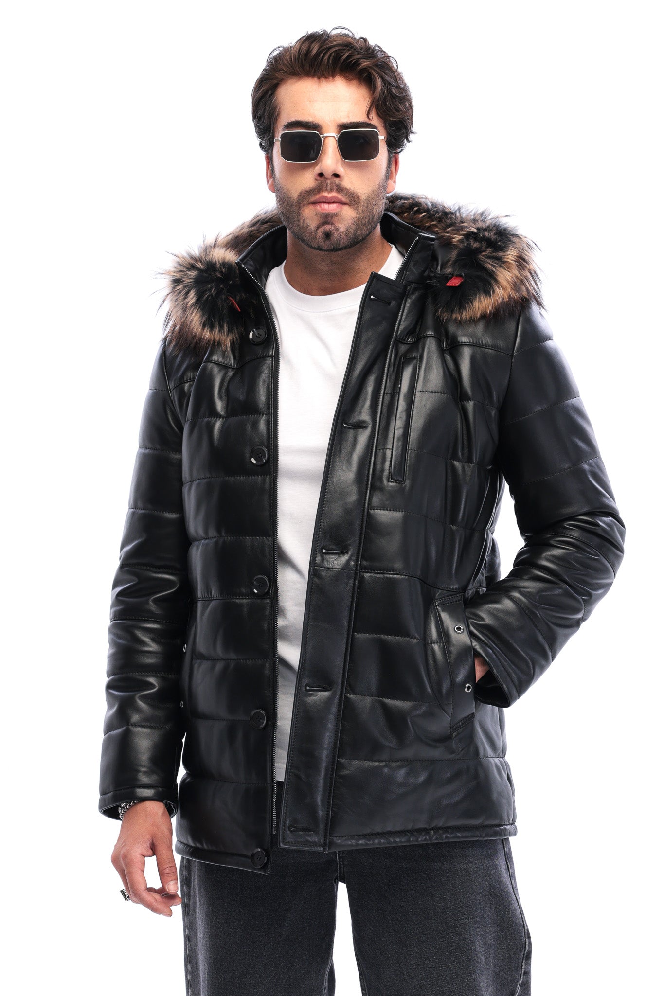 The Norvello Black Genuine Leather Hooded Men Coat