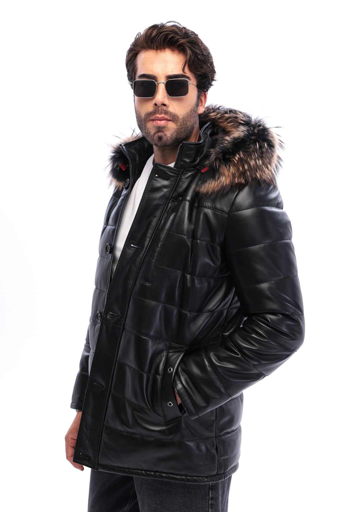 The Norvello Black Genuine Leather Hooded Men Coat
