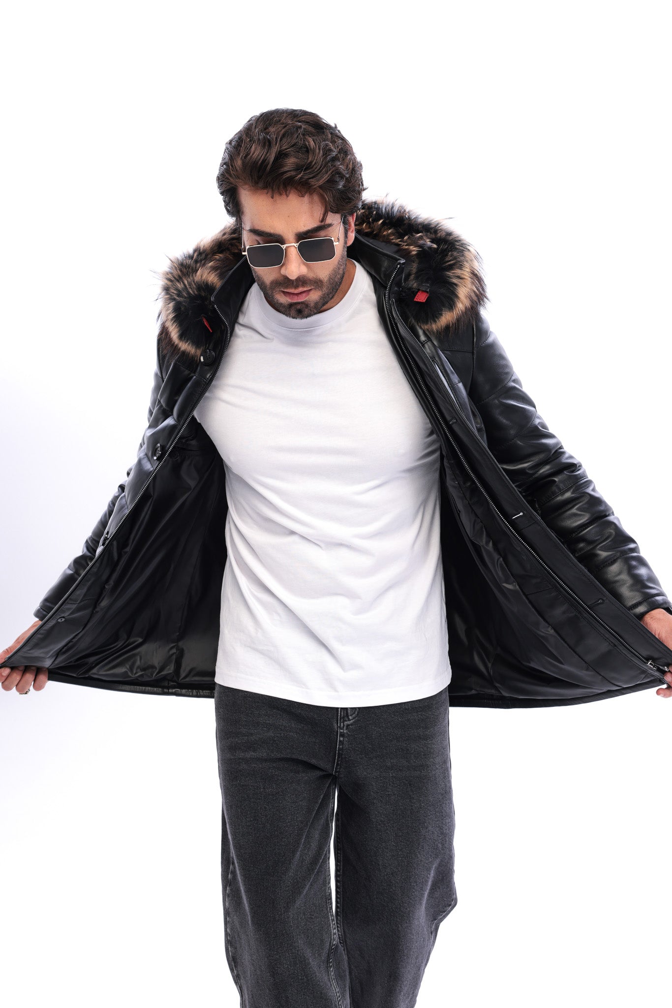 The Norvello Black Genuine Leather Hooded Men Coat