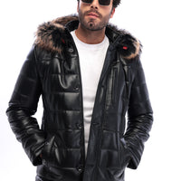 The Norvello Black Genuine Leather Hooded Men Coat