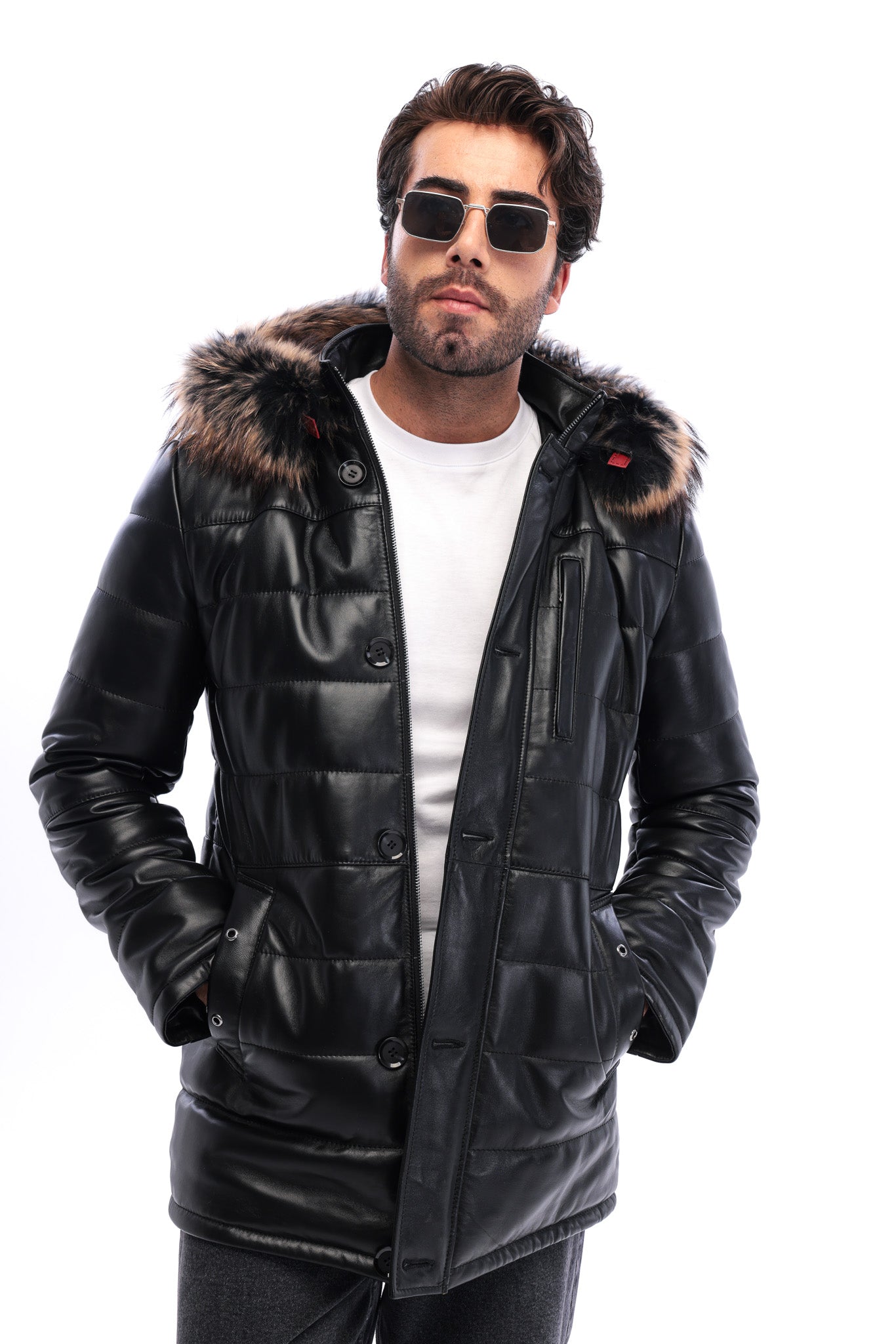 The Norvello Black Genuine Leather Hooded Men Coat