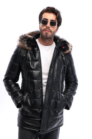 The Norvello Black Genuine Leather Hooded Men Coat