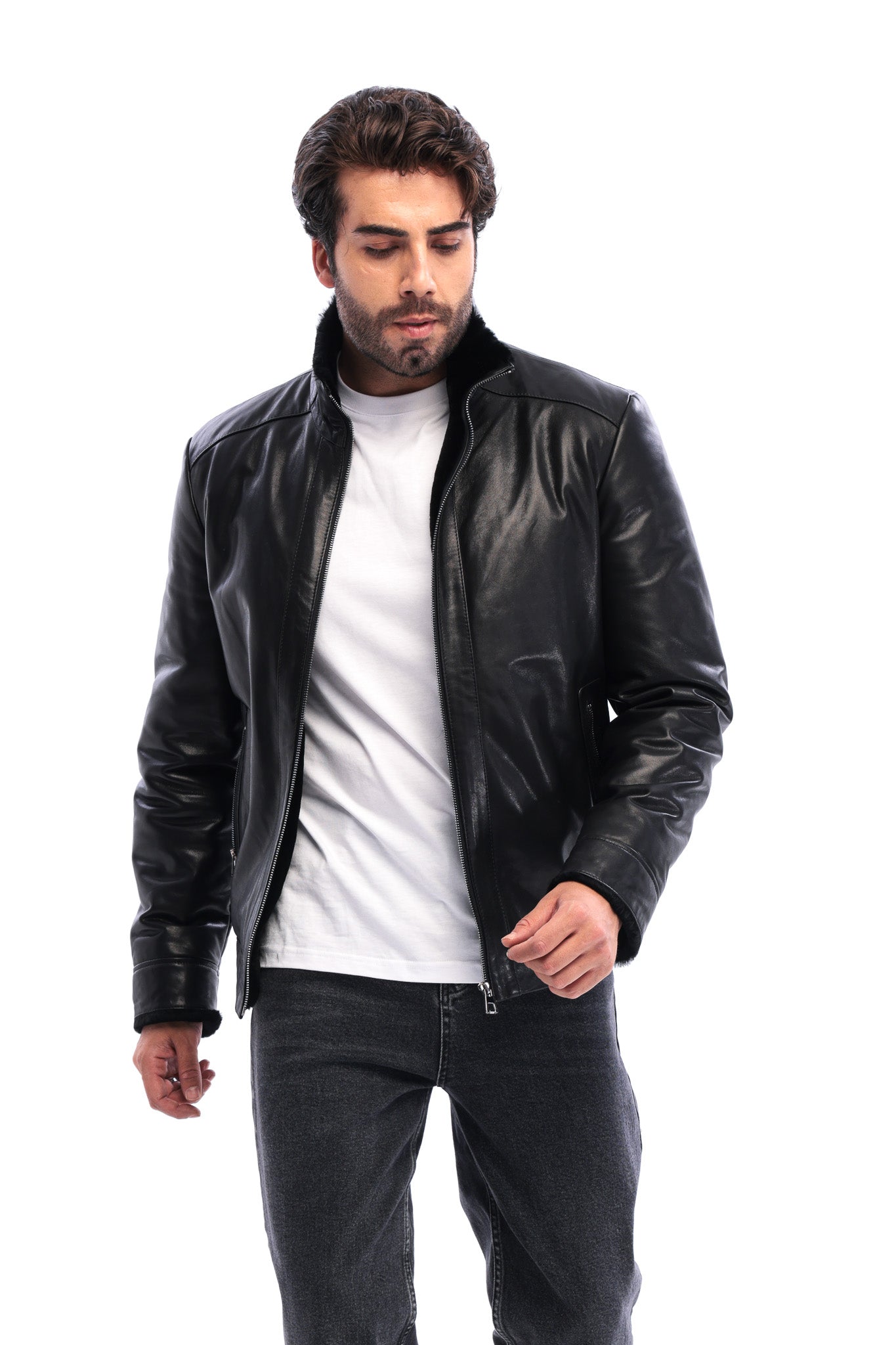 جاكيت رجالي من جلد العجل الطبيعي الأسود شيرلنغ من Sondrio