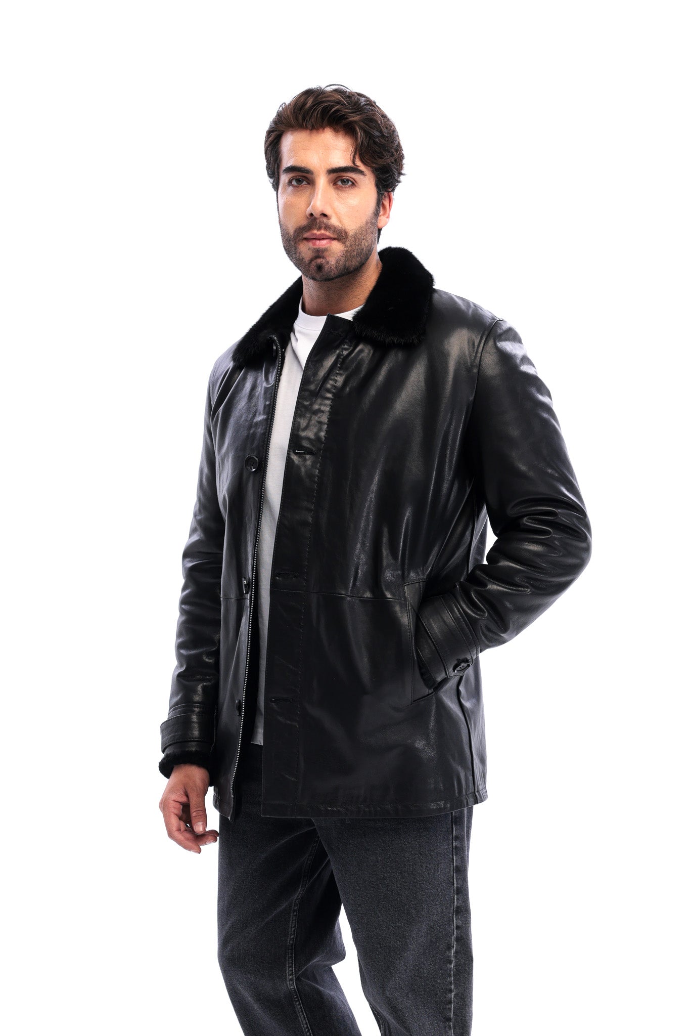 The Avelino Black Genuine Calf Leather Fur Collar Men Coat