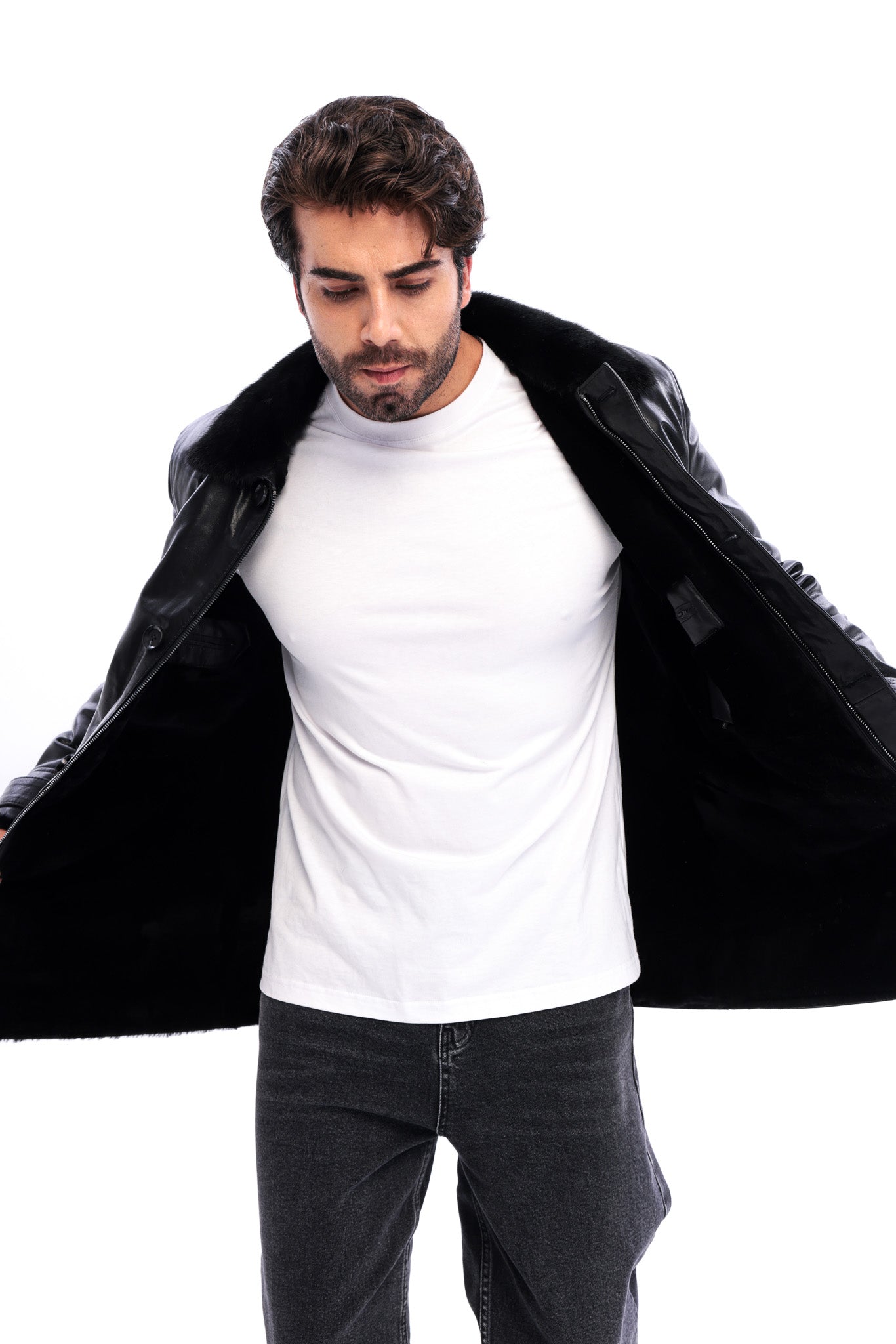 The Avelino Black Genuine Calf Leather Fur Collar Men Coat