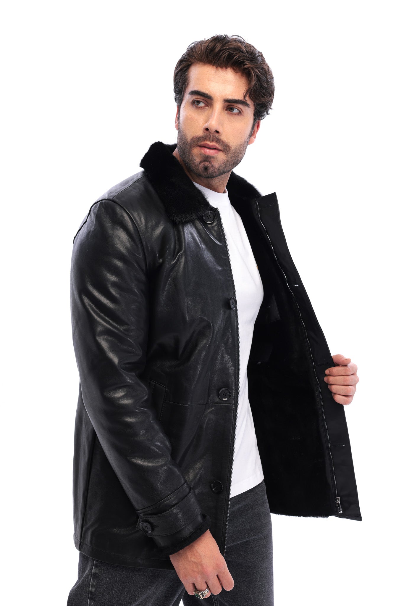 The Avelino Black Genuine Calf Leather Fur Collar Men Coat