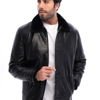 The Avelino Black Genuine Calf Leather Fur Collar Men Coat