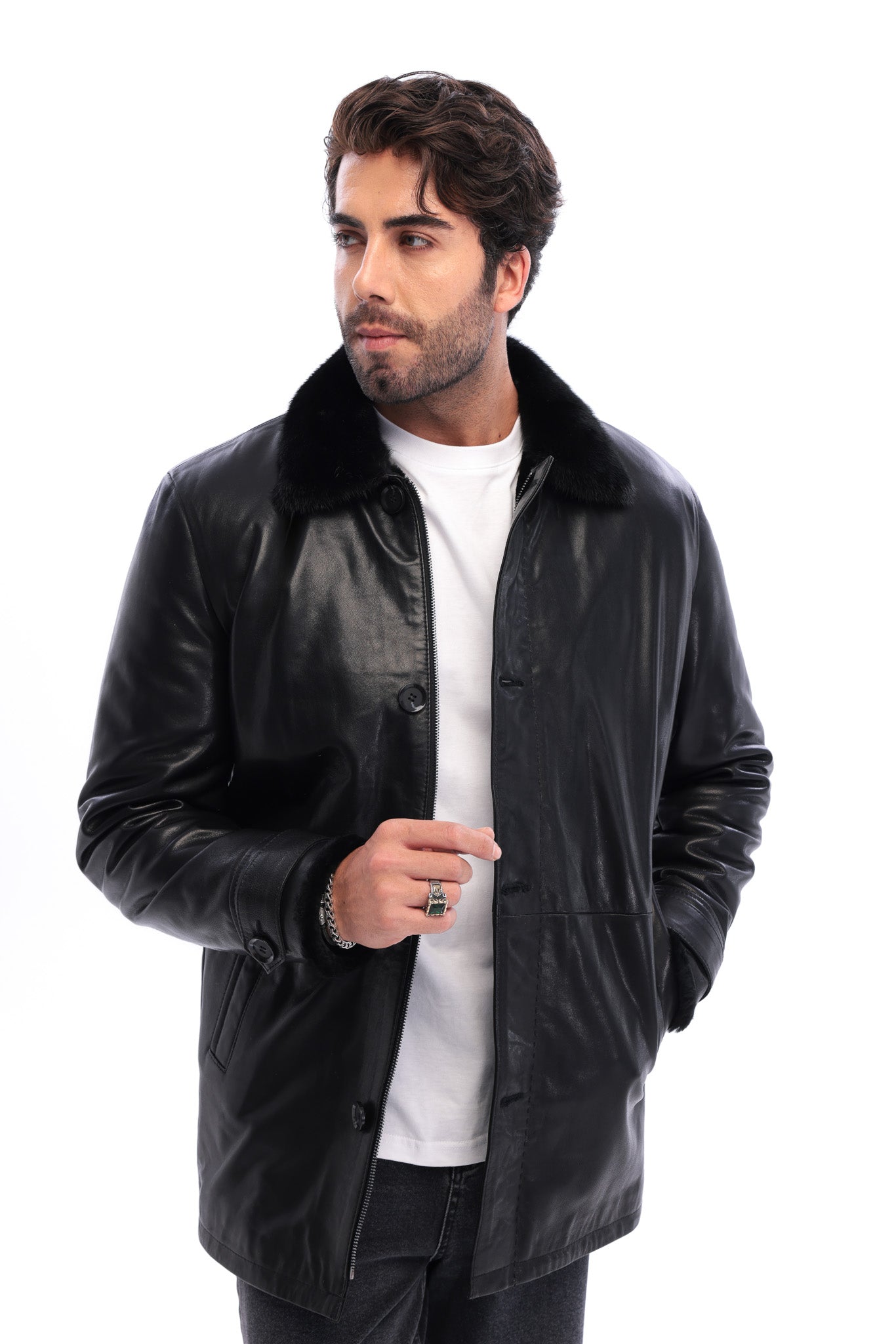 The Avelino Black Genuine Calf Leather Fur Collar Men Coat