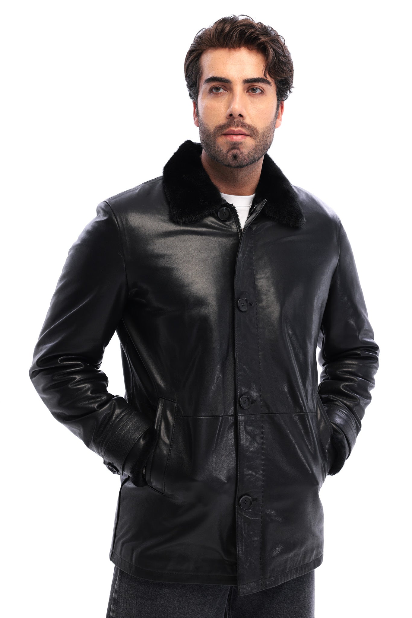 The Avelino Black Genuine Calf Leather Fur Collar Men Coat