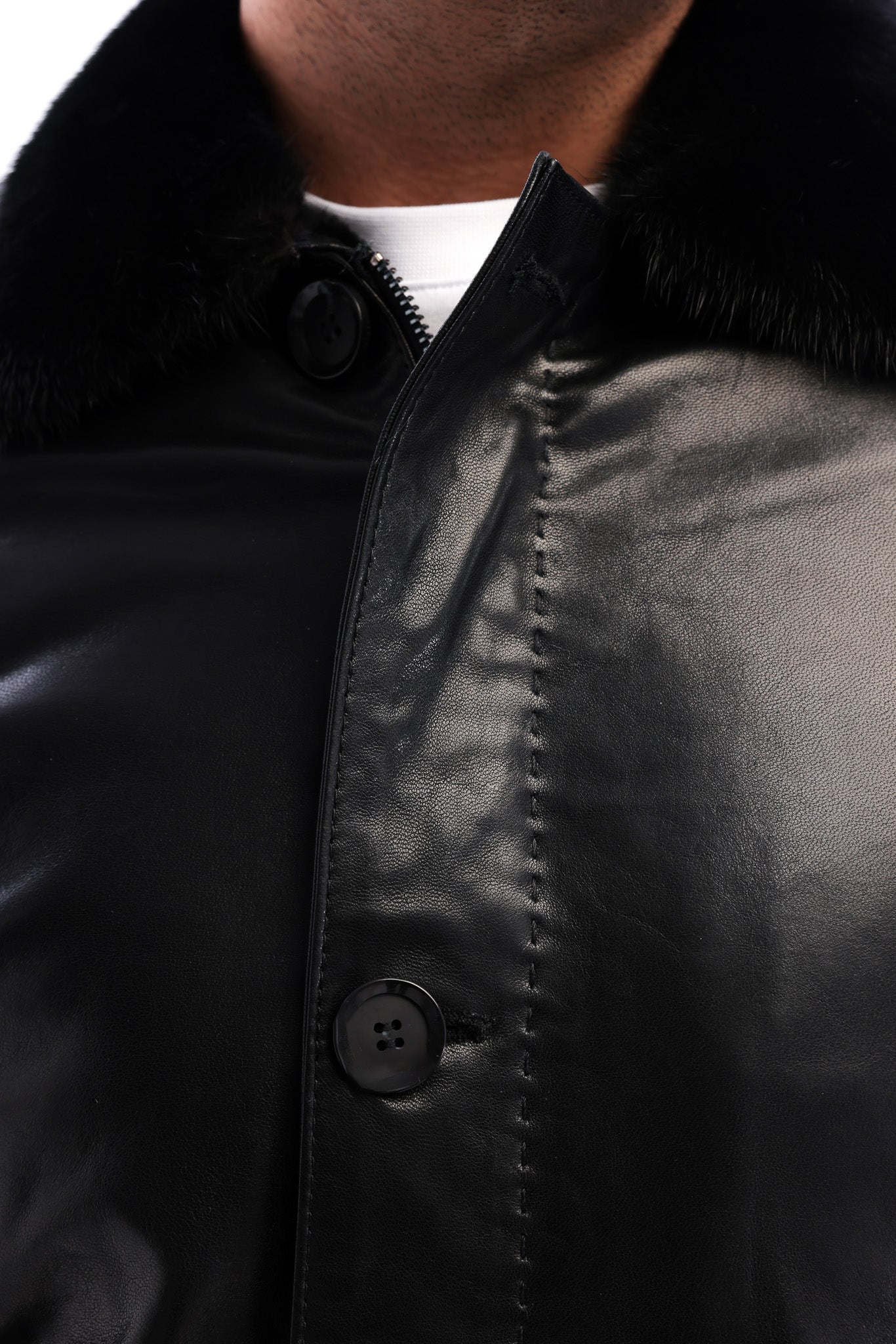 The Avelino Black Genuine Calf Leather Fur Collar Men Coat