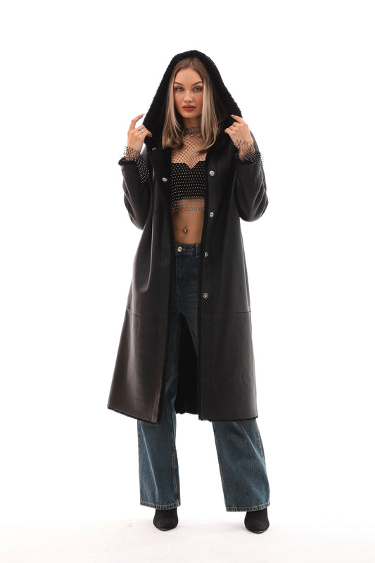 The Virella Reversible Hooded Shearling Leather Jacket