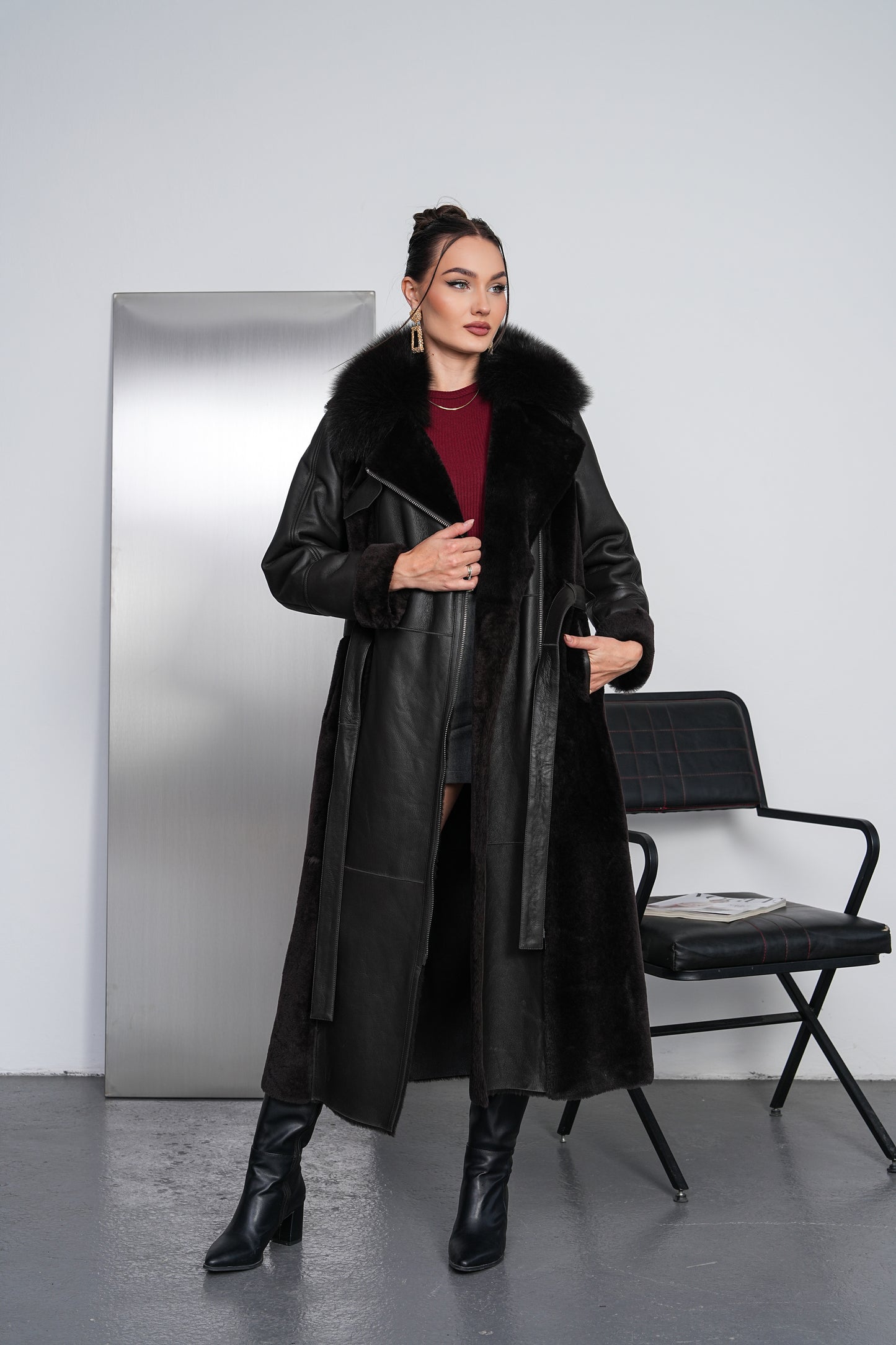 The Valmora Black Genuine Shearling Leather Women Coat