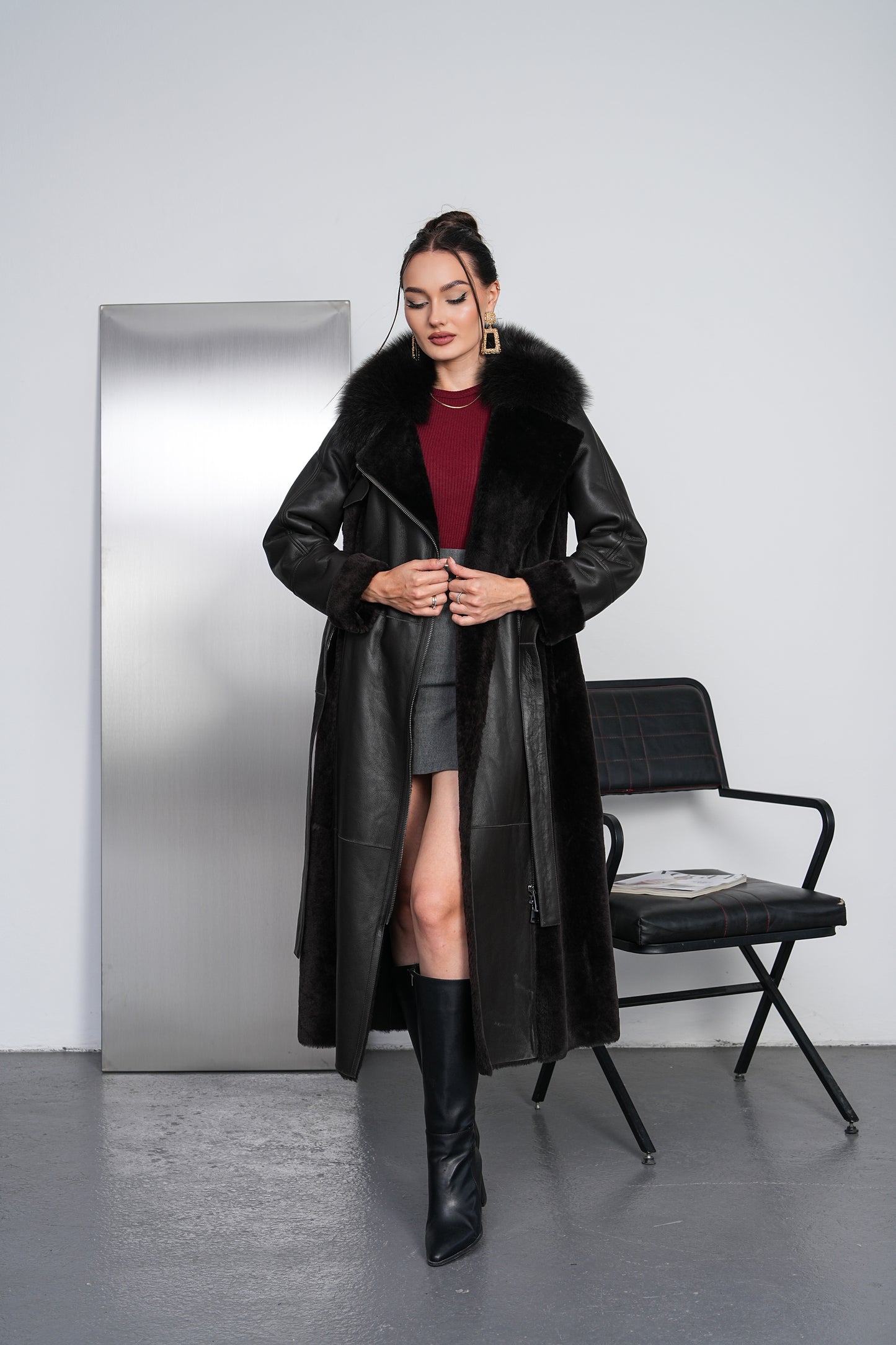 The Valmora Black Genuine Shearling Leather Women Coat