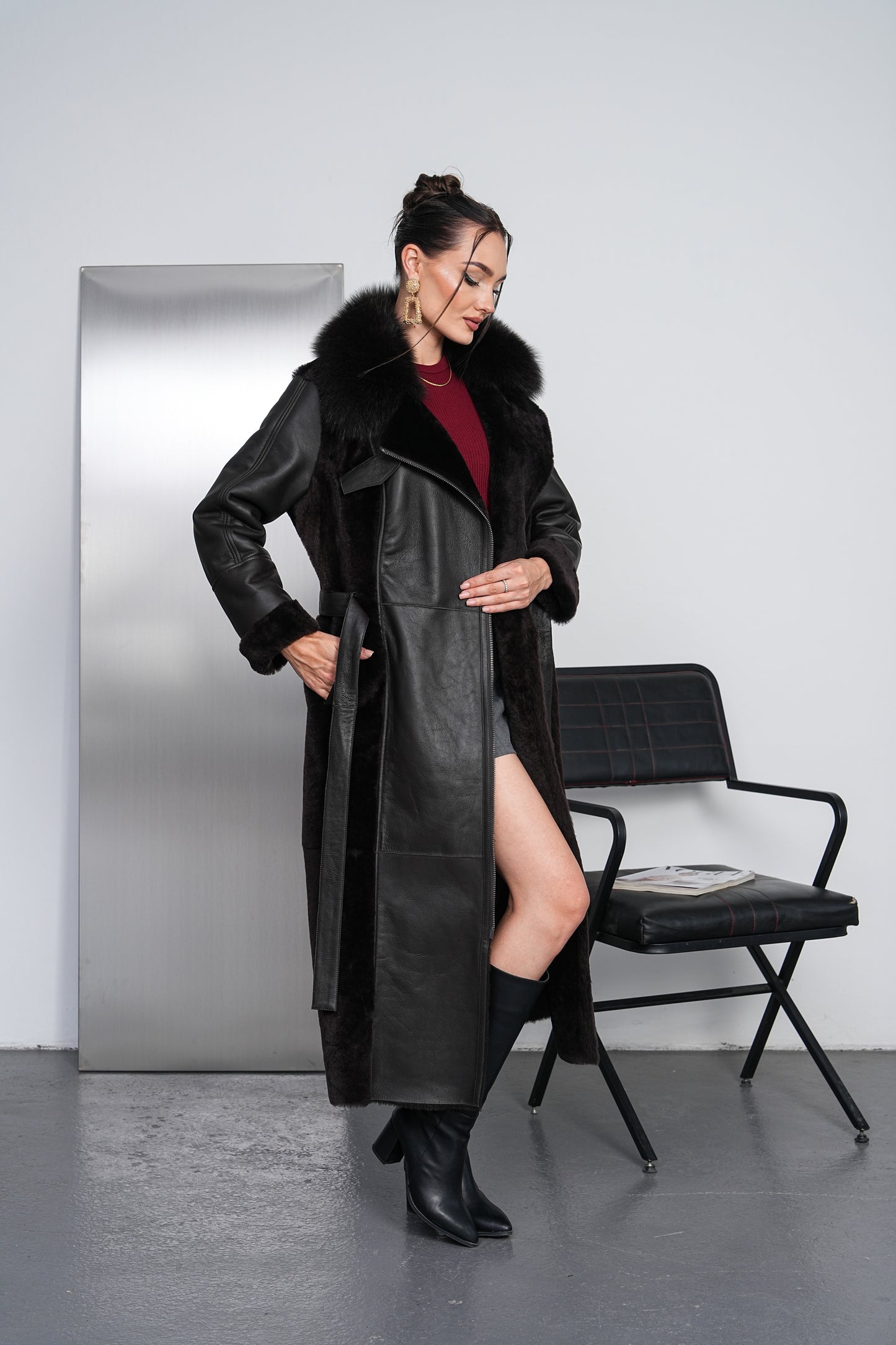The Valmora Black Genuine Shearling Leather Women Coat