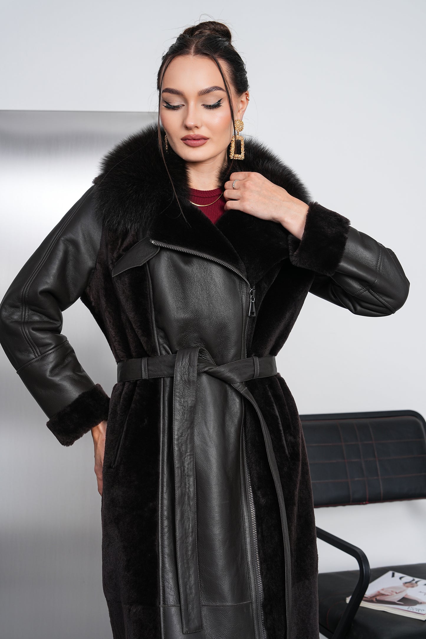 The Valmora Black Genuine Shearling Leather Women Coat
