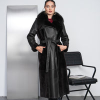 The Valmora Black Genuine Shearling Leather Women Coat