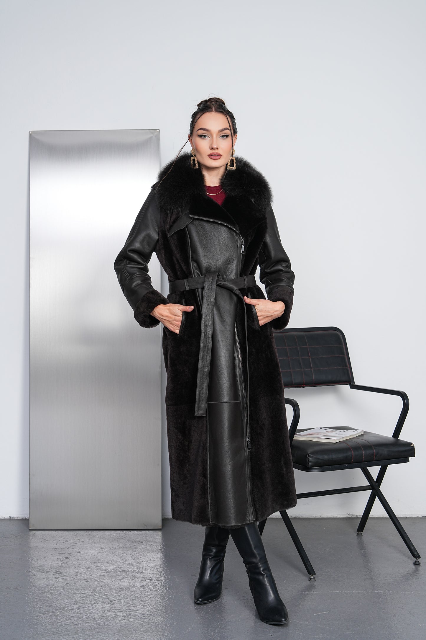 The Valmora Black Genuine Shearling Leather Women Coat