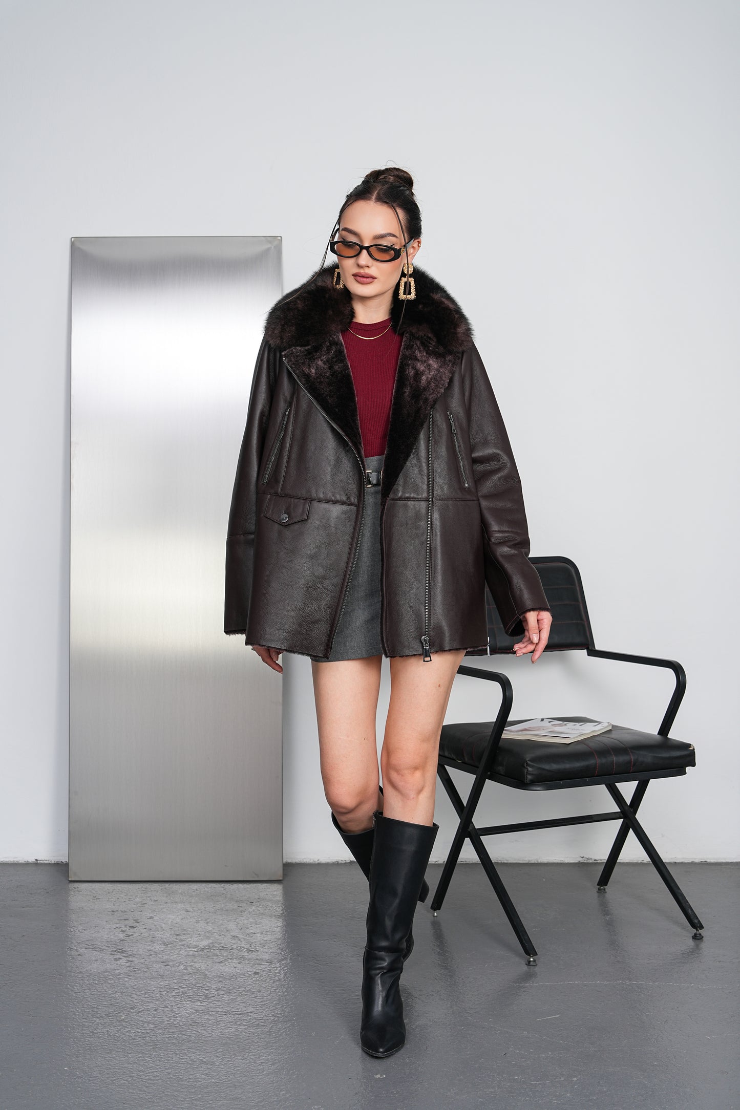 The Avellina Dark Burgundy Shearling Leather Women Jacket