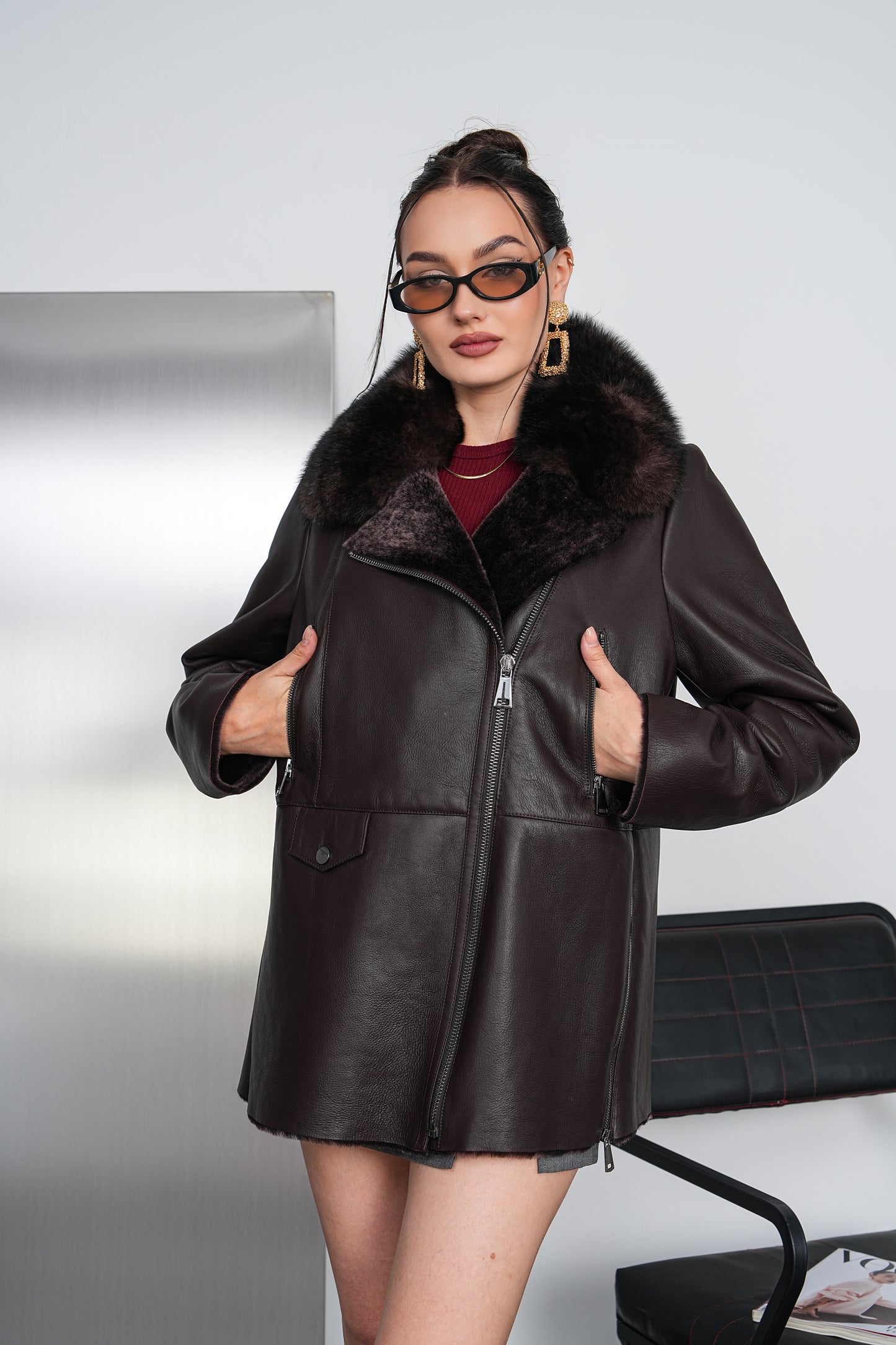 The Avellina Dark Burgundy Shearling Leather Women Jacket