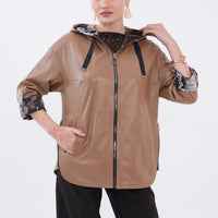 Chaqueta de cuero reversible con capucha para mujer Nyxara, topo marrón