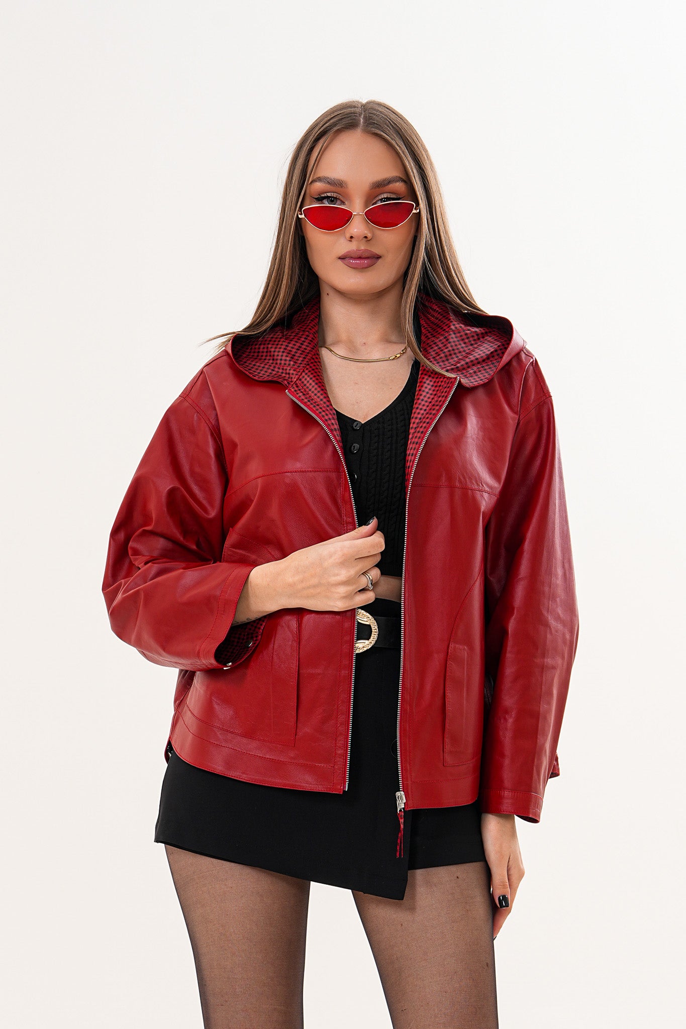The Elvaria Red Genuine Leather Reversible Hooded Women Jacket