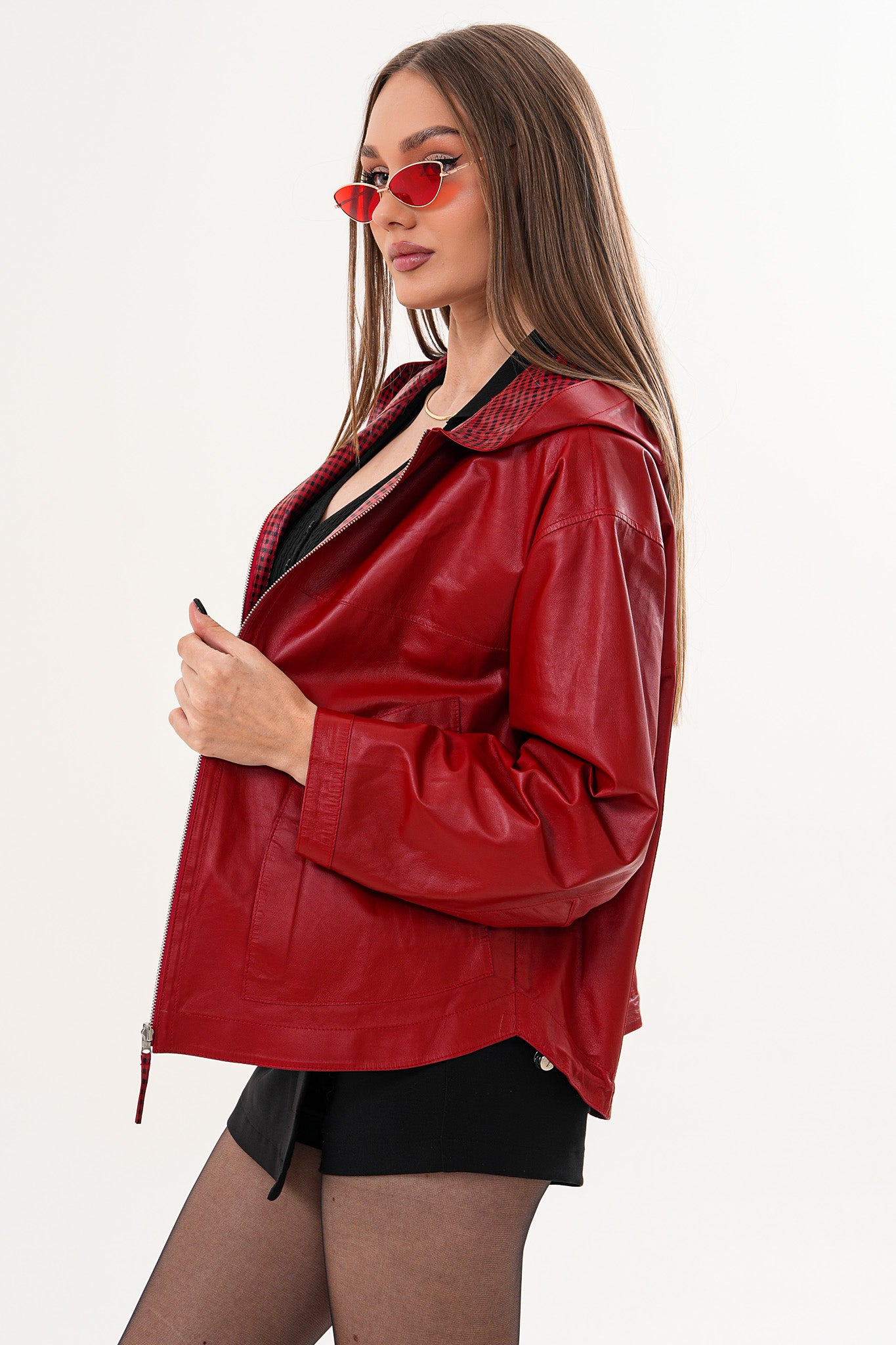 The Elvaria Red Genuine Leather Reversible Hooded Women Jacket