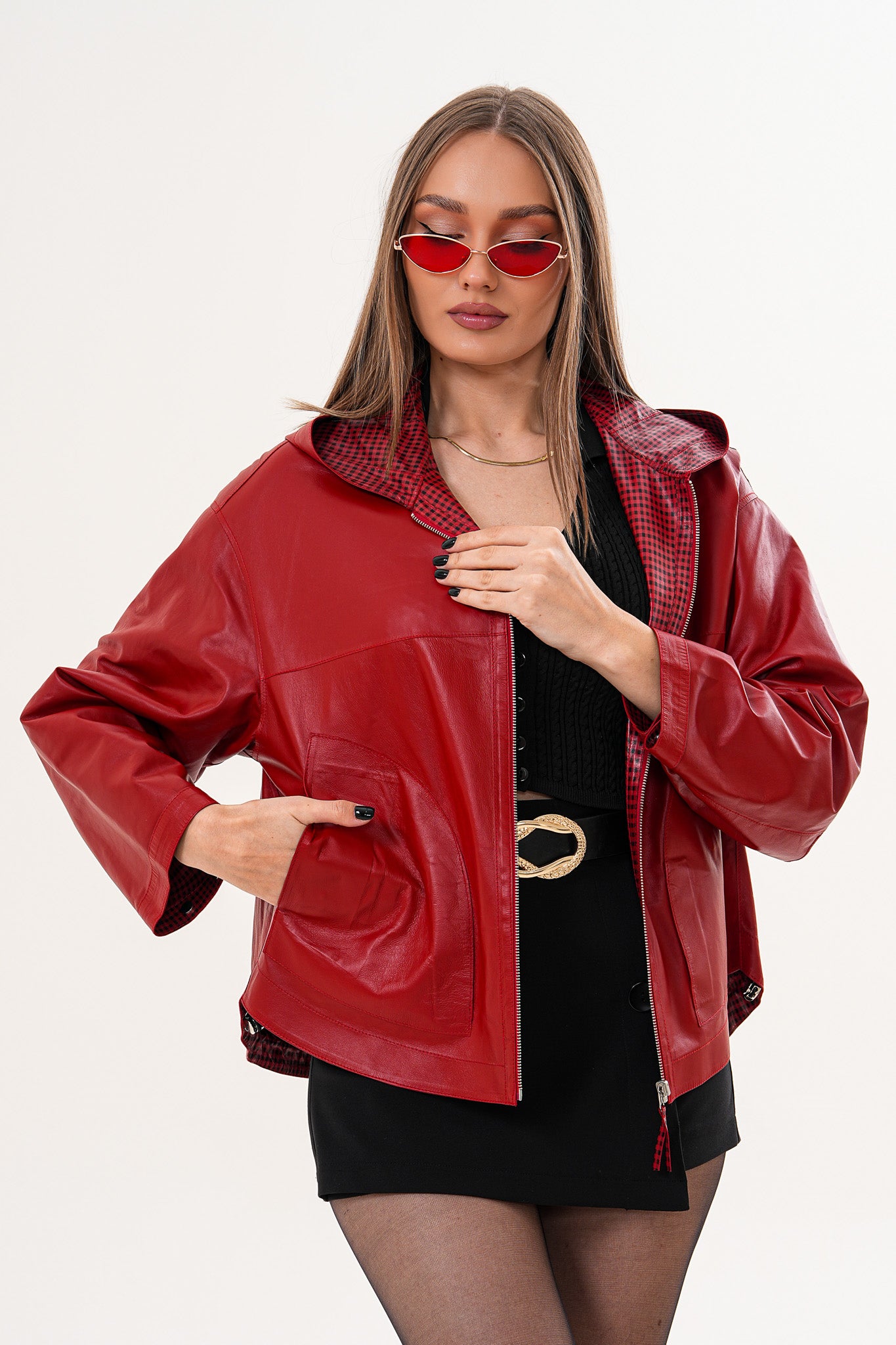 The Elvaria Red Genuine Leather Reversible Hooded Women Jacket
