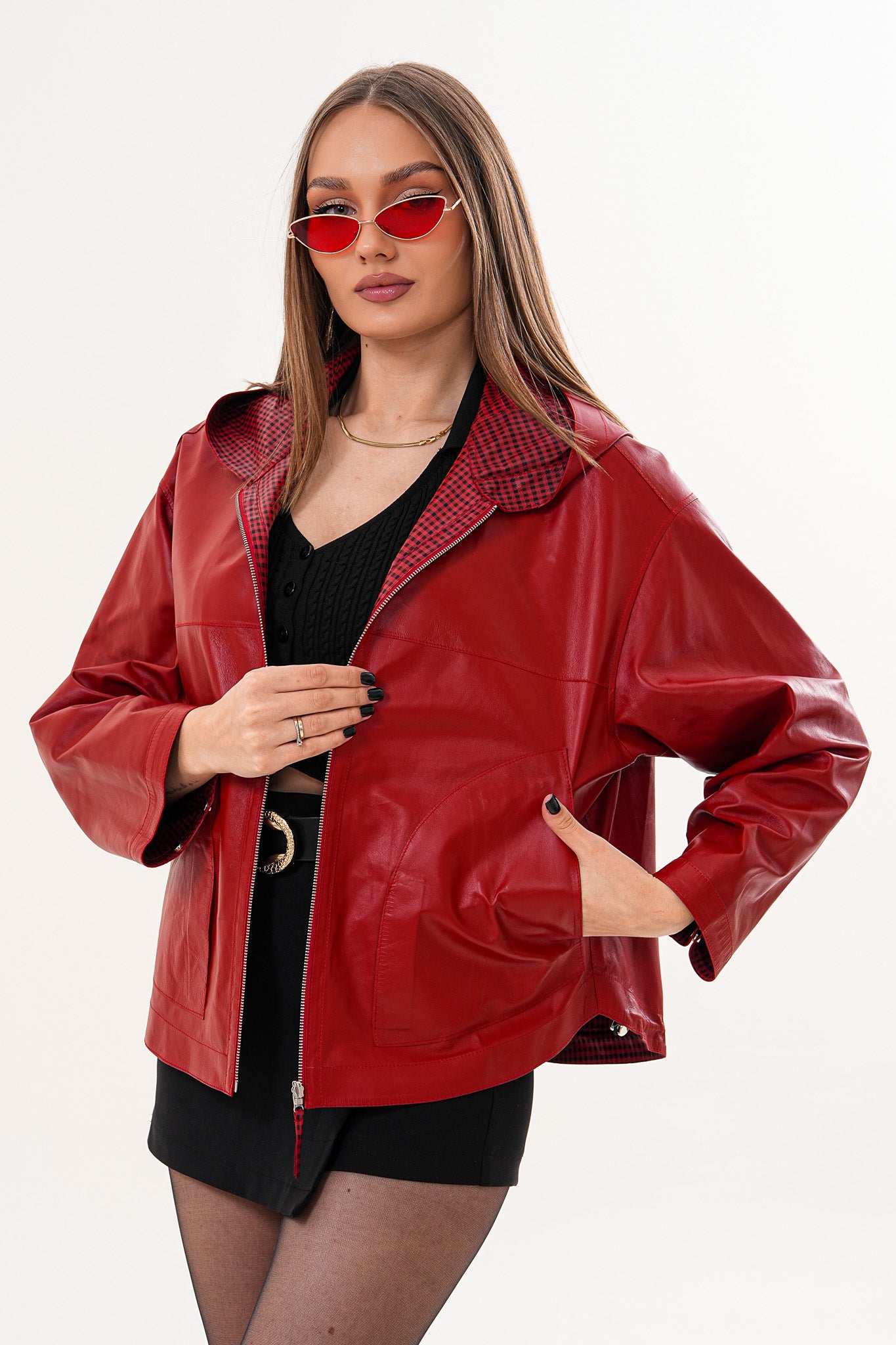 The Elvaria Red Genuine Leather Reversible Hooded Women Jacket