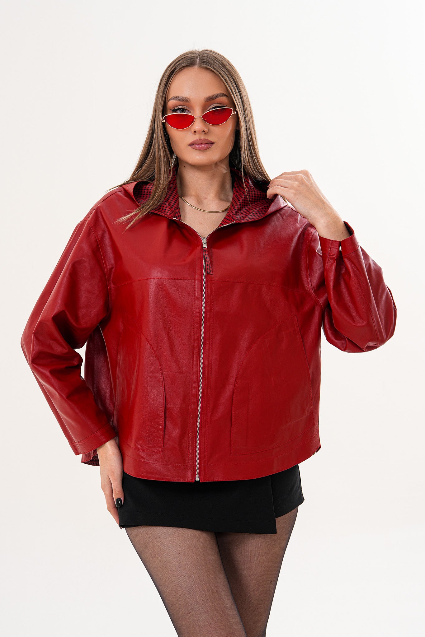 The Elvaria Red Genuine Leather Reversible Hooded Women Jacket