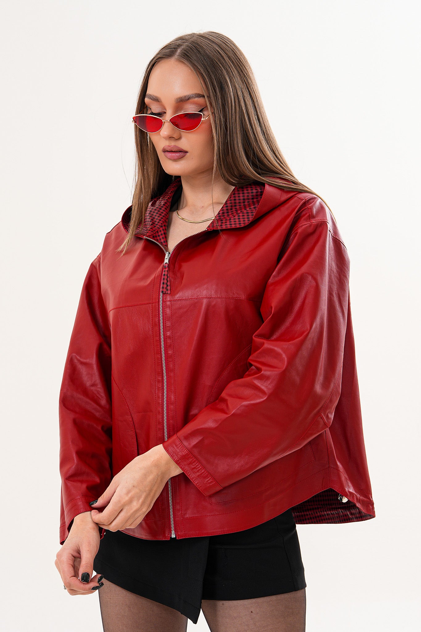 The Elvaria Red Genuine Leather Reversible Hooded Women Jacket