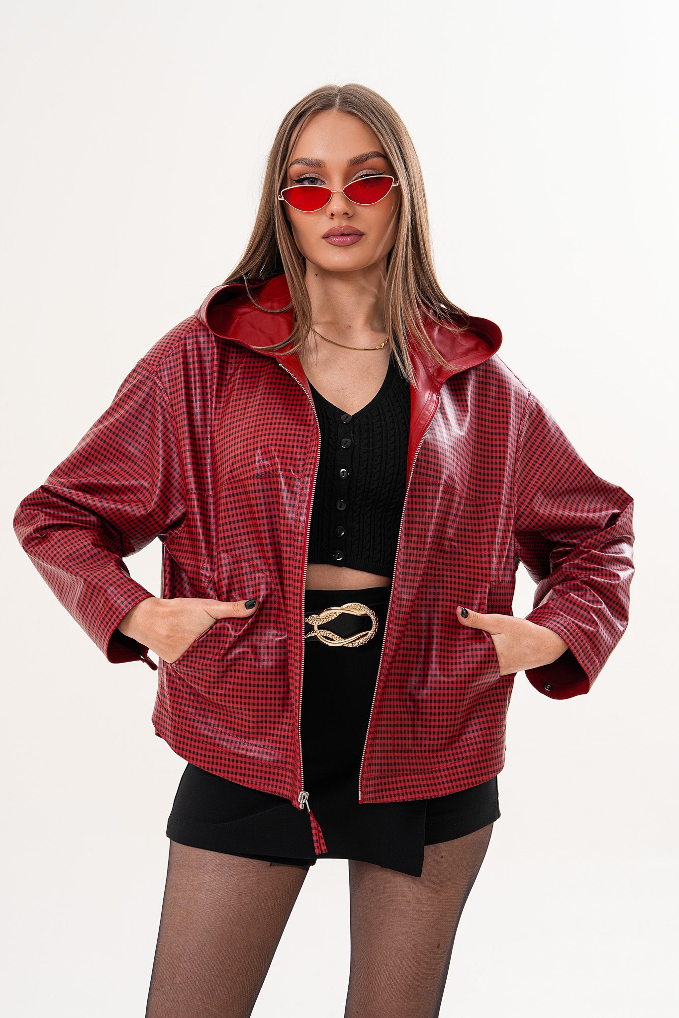 The Elvaria Red Genuine Leather Reversible Hooded Women Jacket