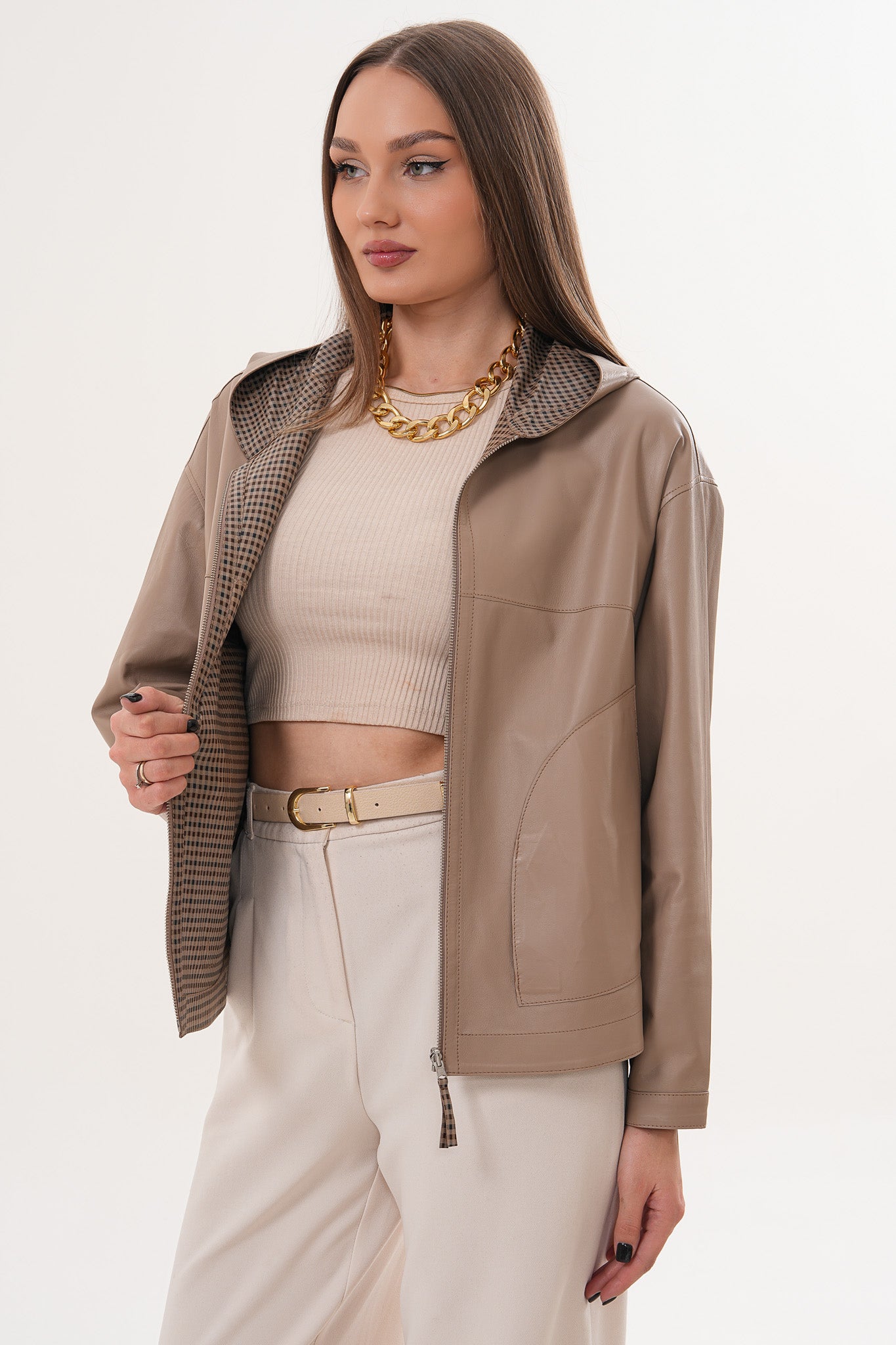 Chaqueta reversible con capucha para mujer de cuero auténtico color topo Elvaria