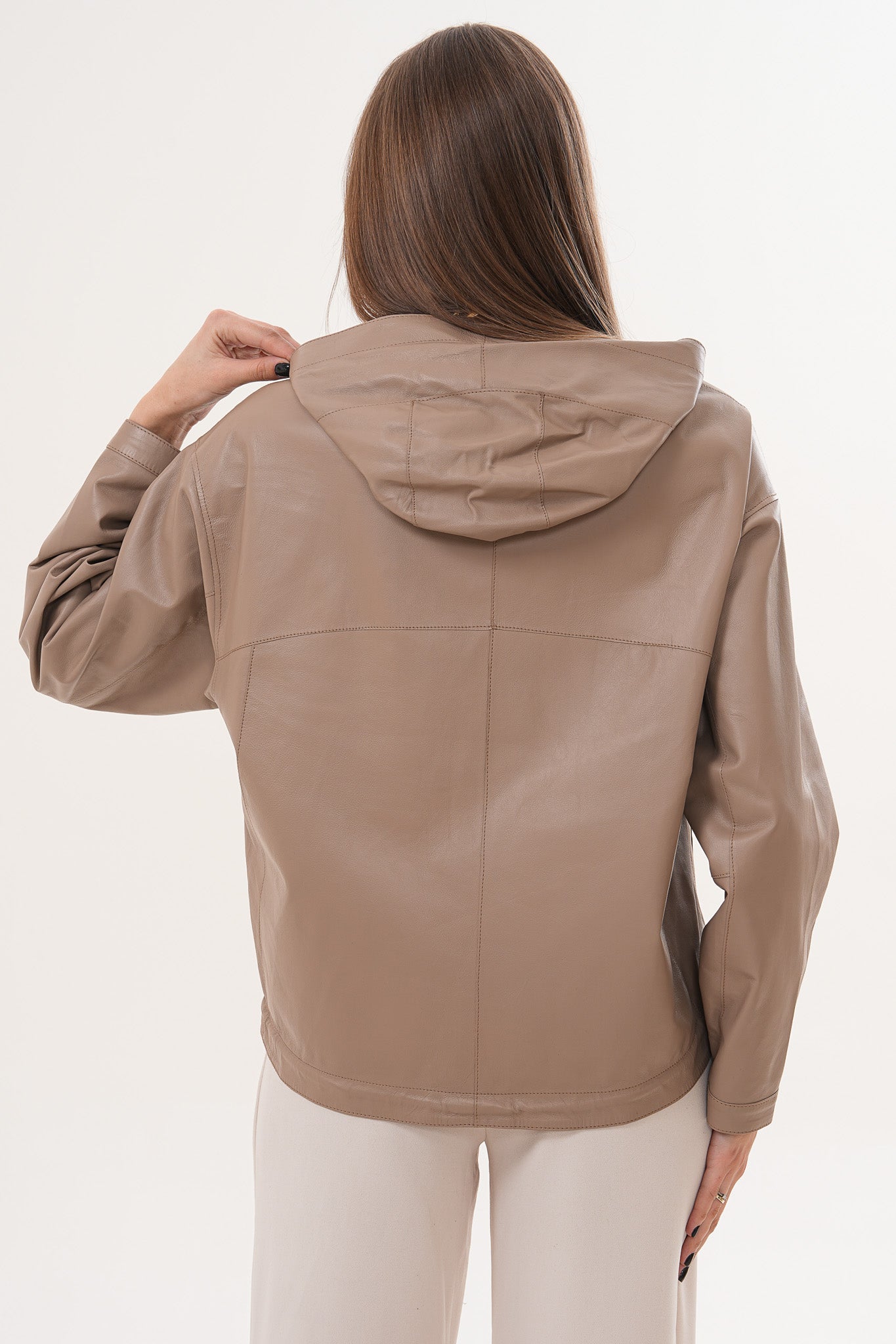 Chaqueta reversible con capucha para mujer de cuero auténtico color topo Elvaria