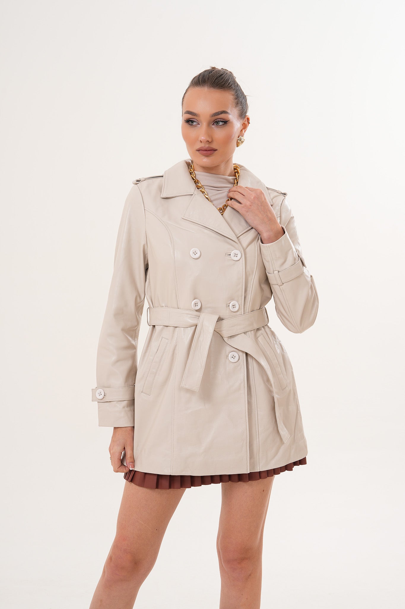 The Caelith Light Beige Leather Women Trench Jacket