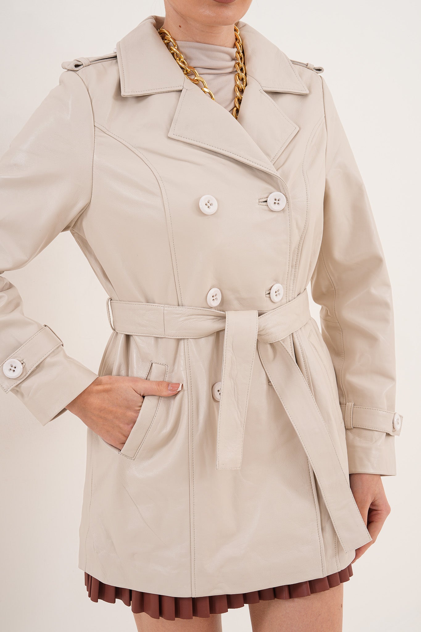 The Caelith Light Beige Leather Women Trench Jacket