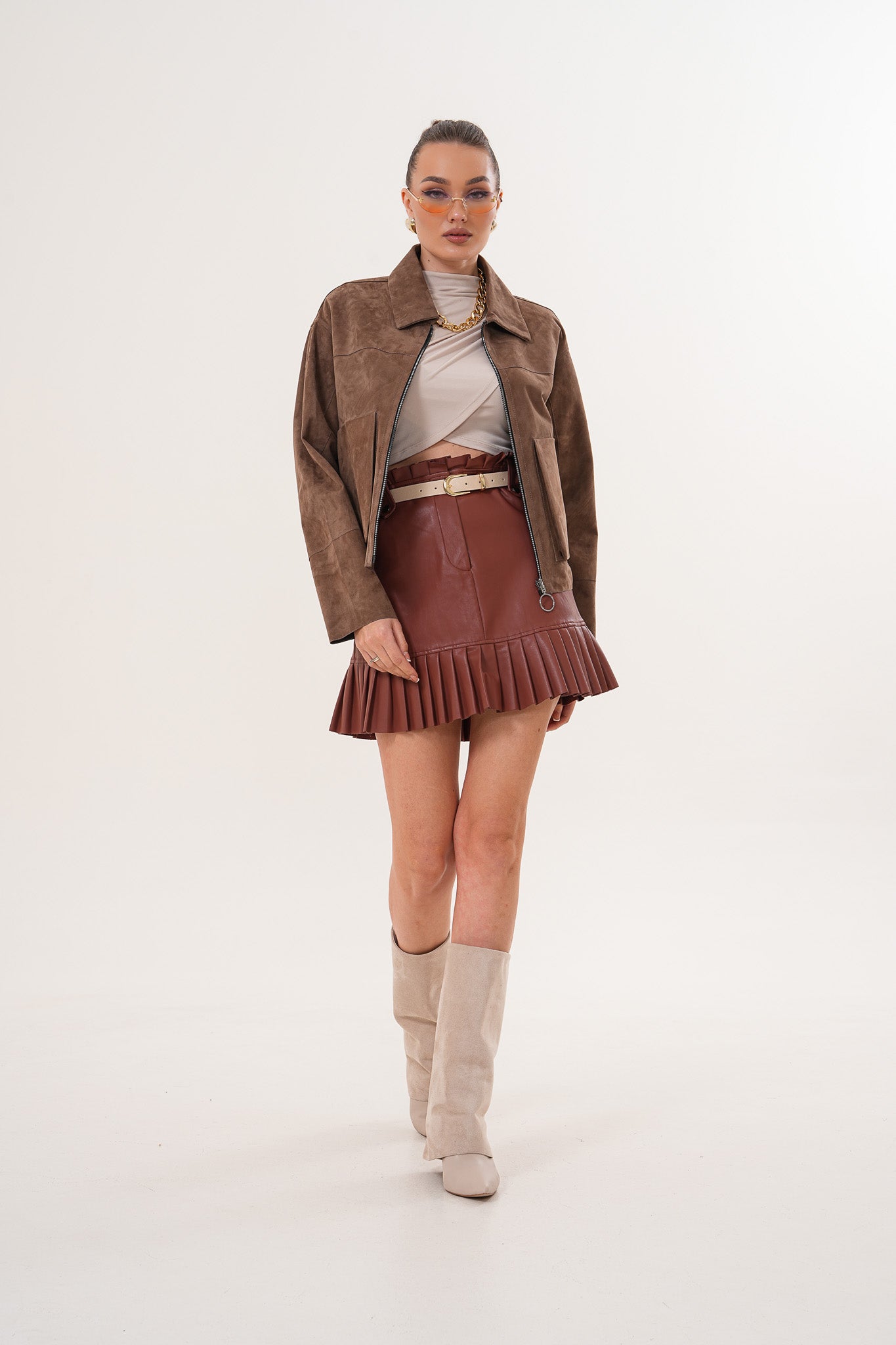 Elvoria Reversible Leather Jacket - Taupe / Suede Brown - 10
