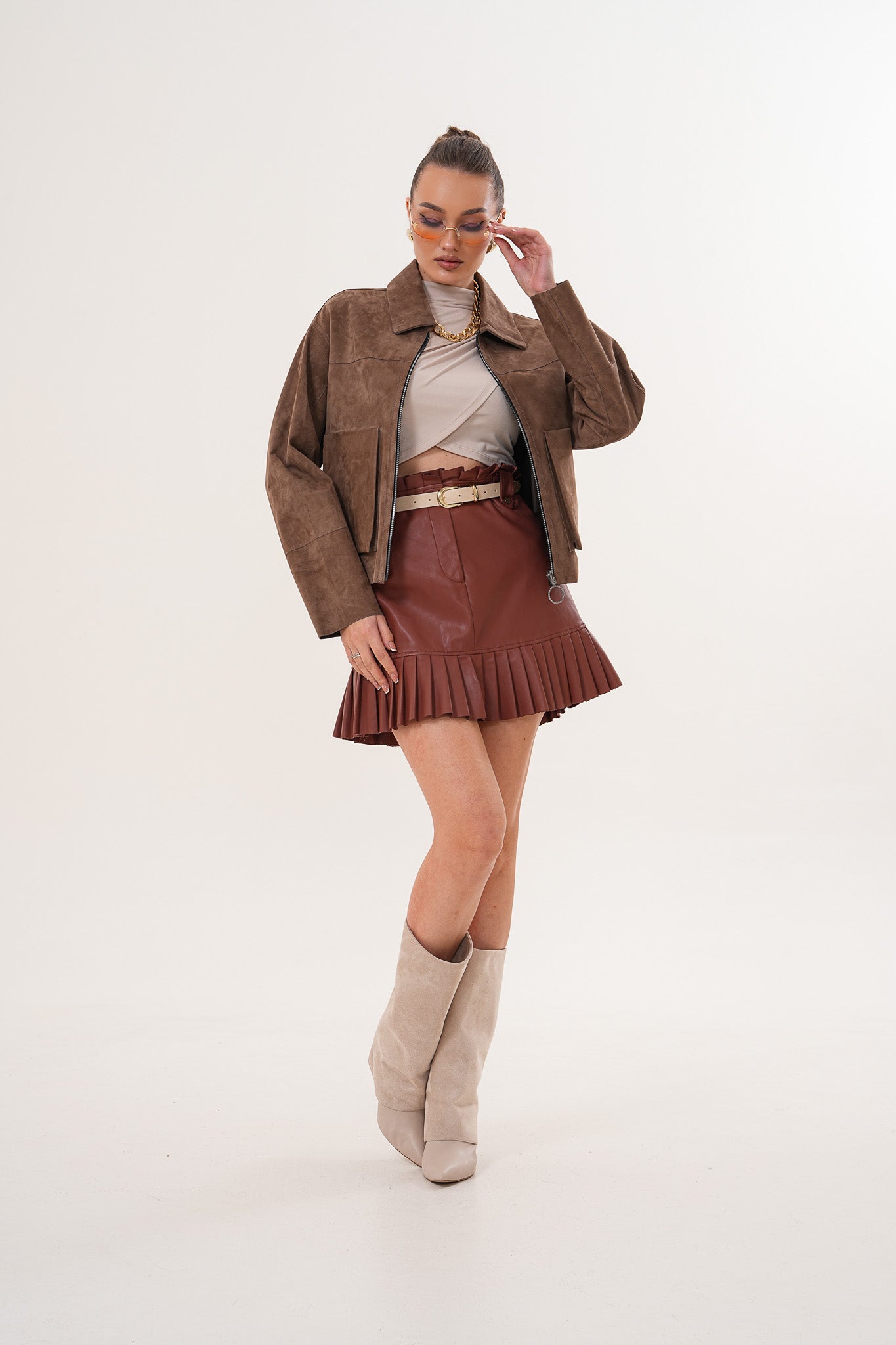 Elvoria Reversible Leather Jacket - Taupe / Suede Brown - 11