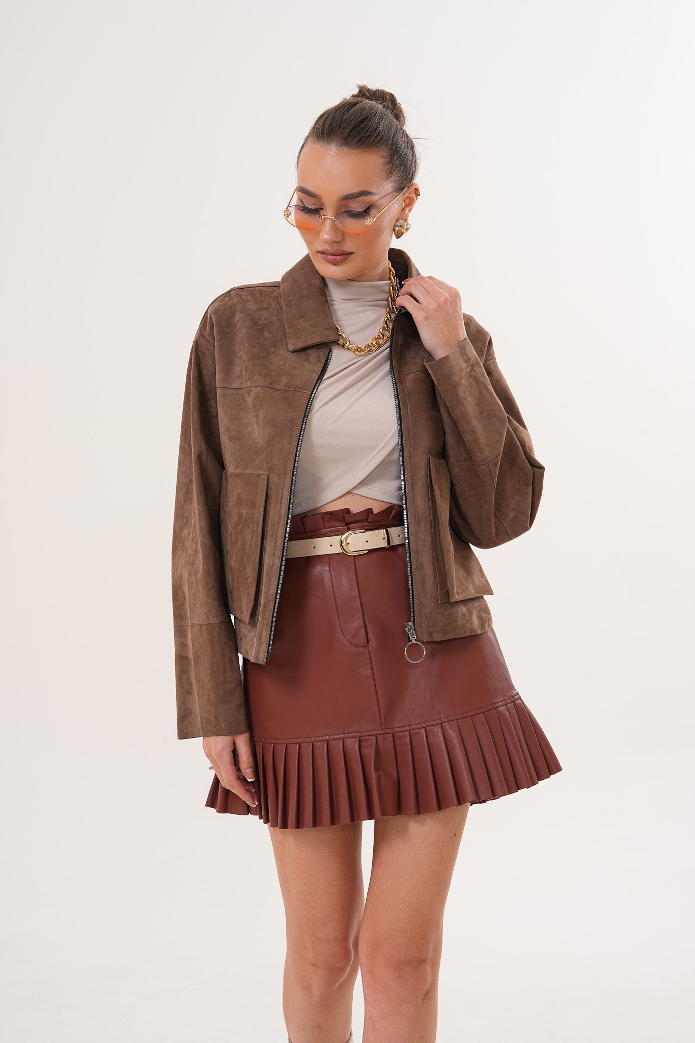 Elvoria Reversible Leather Jacket - Taupe / Suede Brown - 13