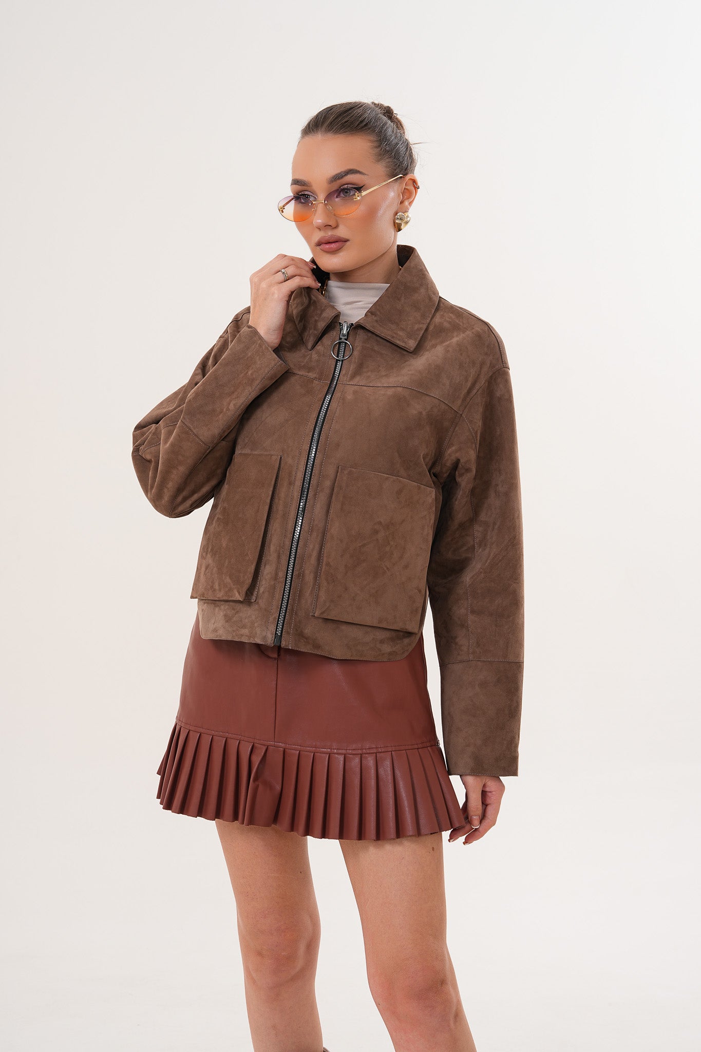 Elvoria Reversible Leather Jacket - Taupe / Suede Brown - 15