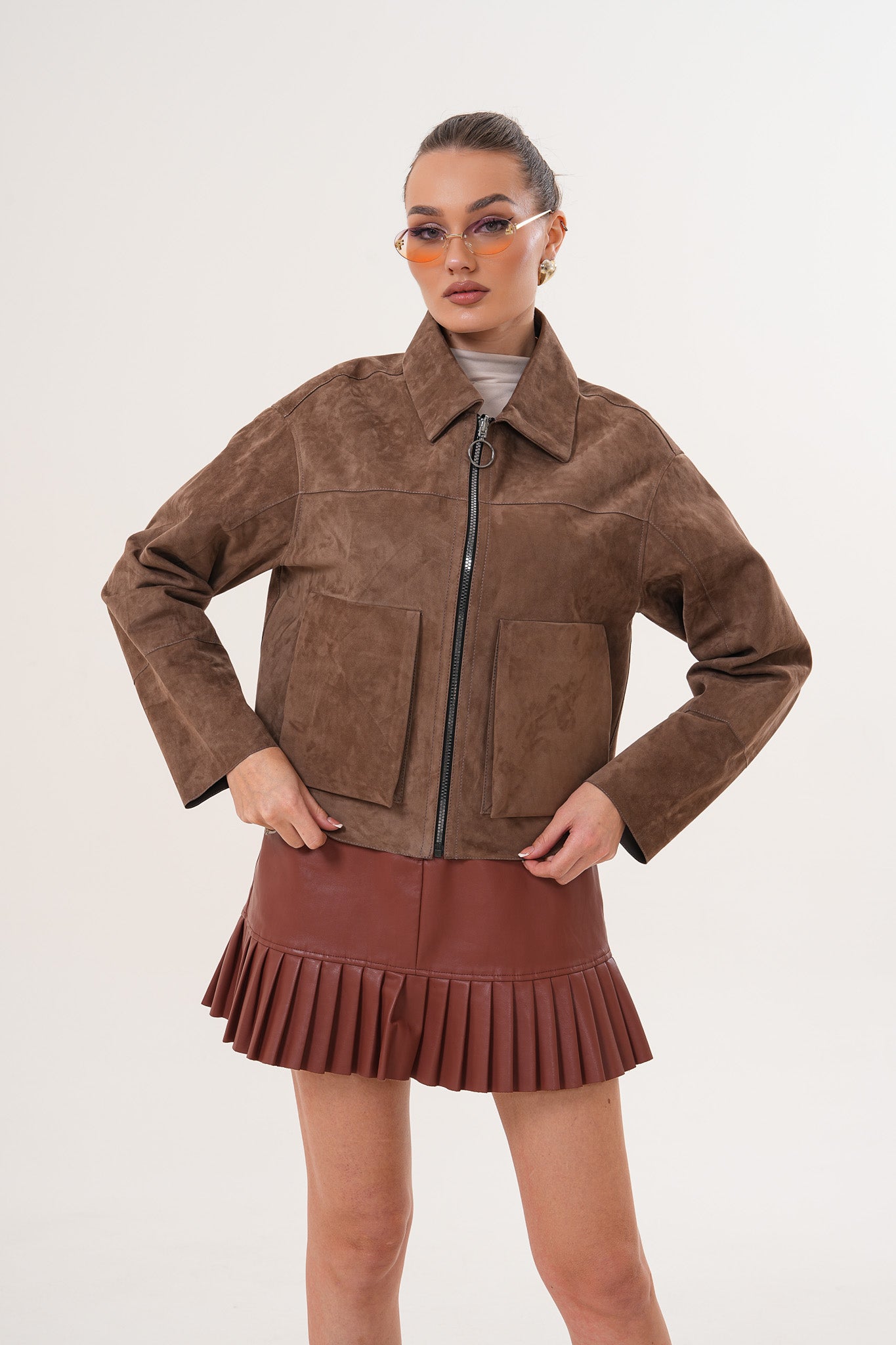 Elvoria Reversible Leather Jacket - Taupe / Suede Brown - 5