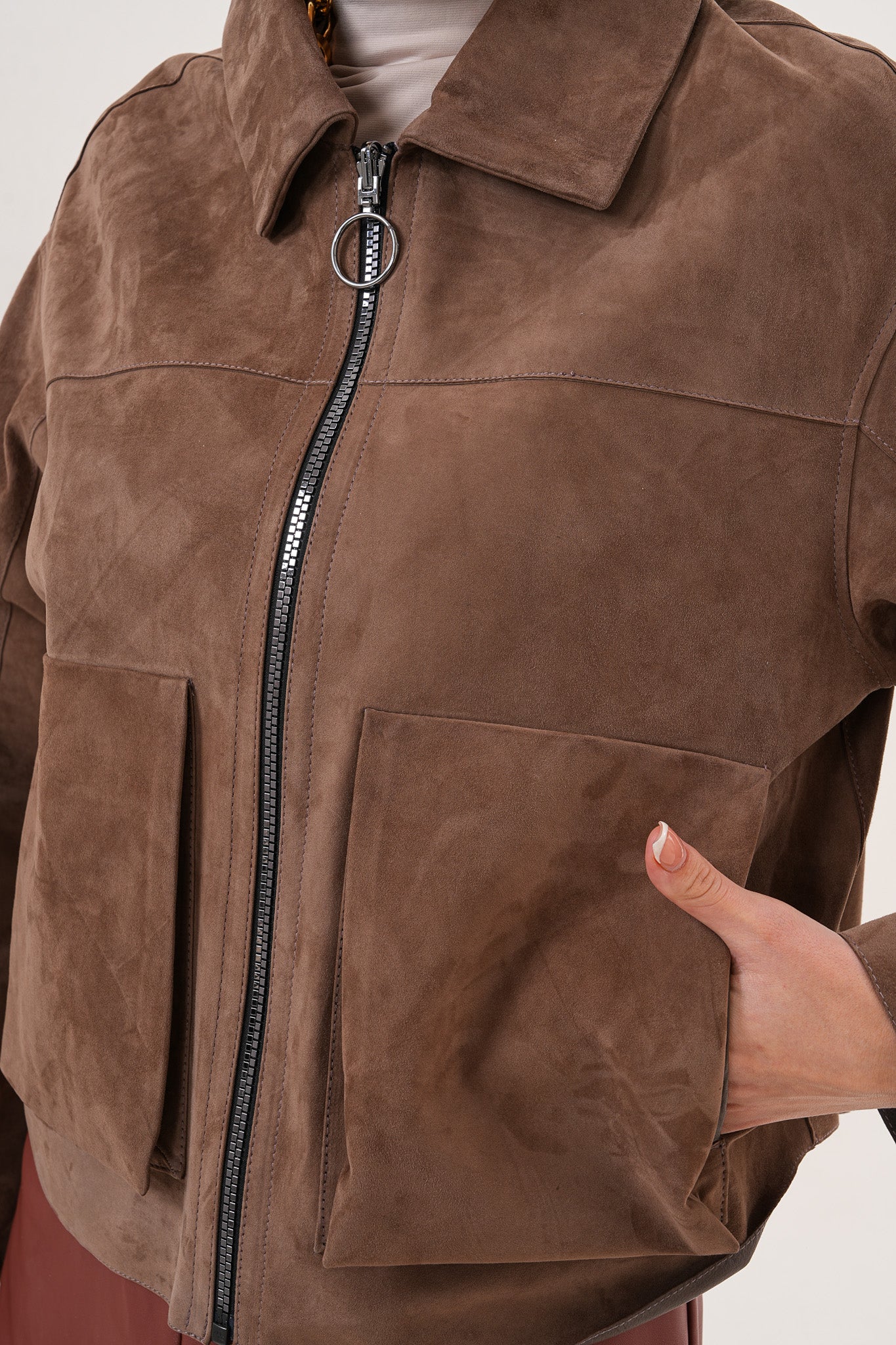 Elvoria Reversible Leather Jacket - Taupe / Suede Brown - 3